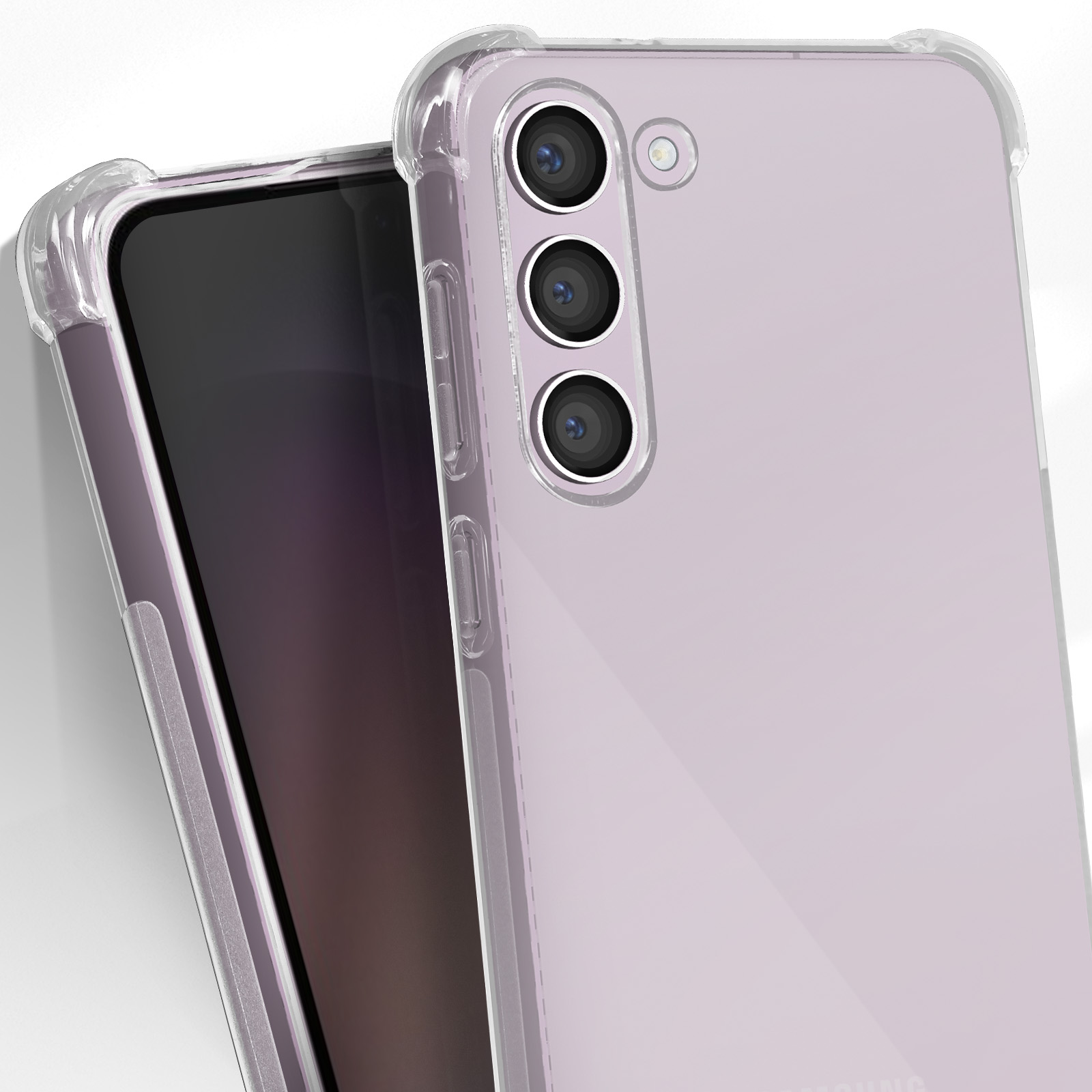 Primo piano di una custodia per telefono con obiettivi della fotocamera. Custodia trasparente con telefono viola all'interno.