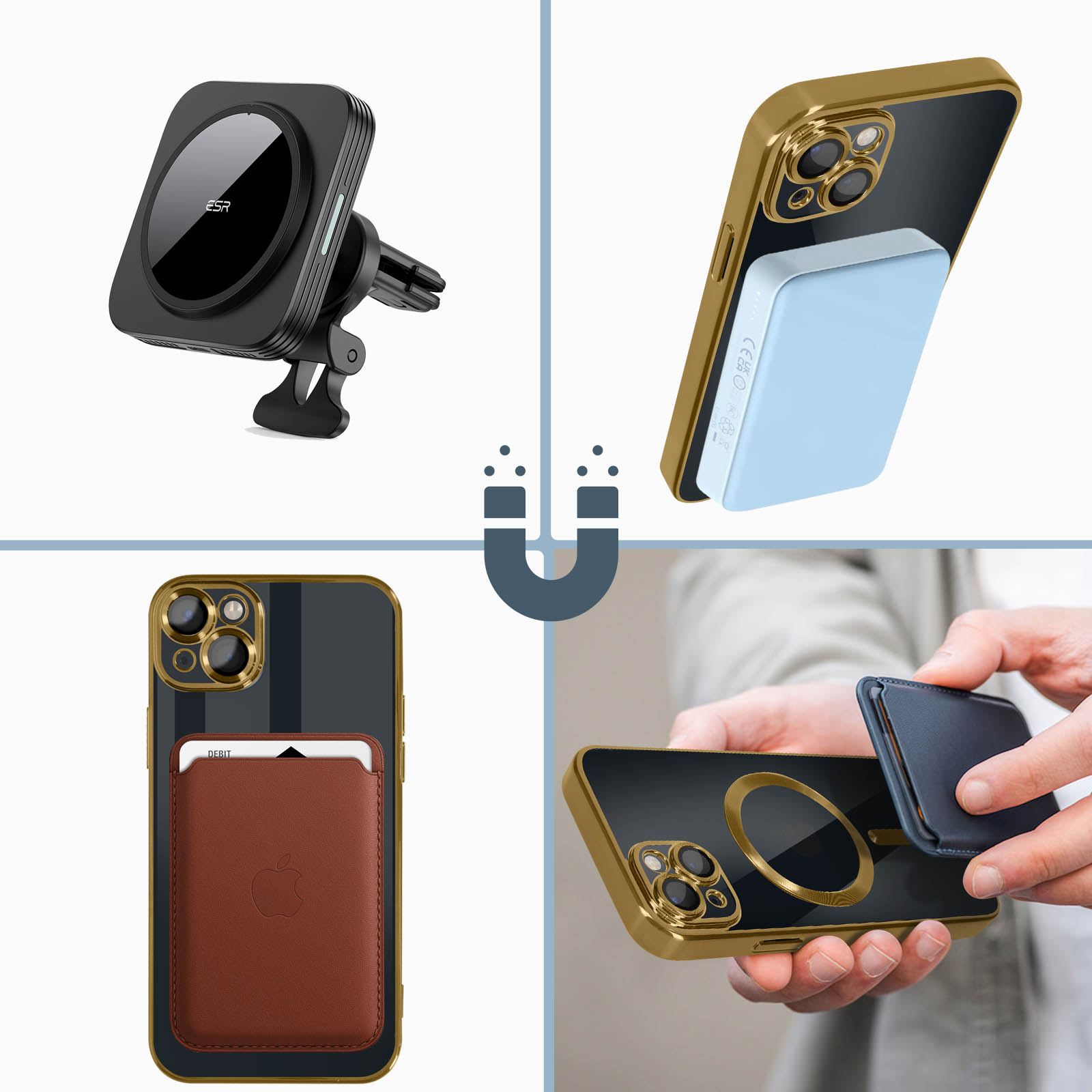 Verschiedene Artikel: ein Telefon in einer goldenen Hülle, eine Autohalterung, ein Kartenhalter, alle mit Magneten.