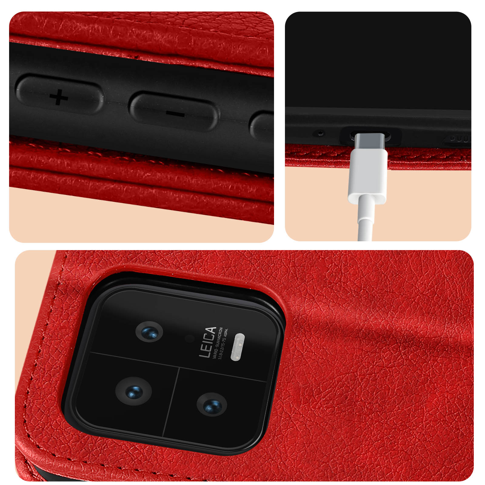 Gros plan sur coque rouge avec boutons et détails caméra. Câble de charge blanc branché.