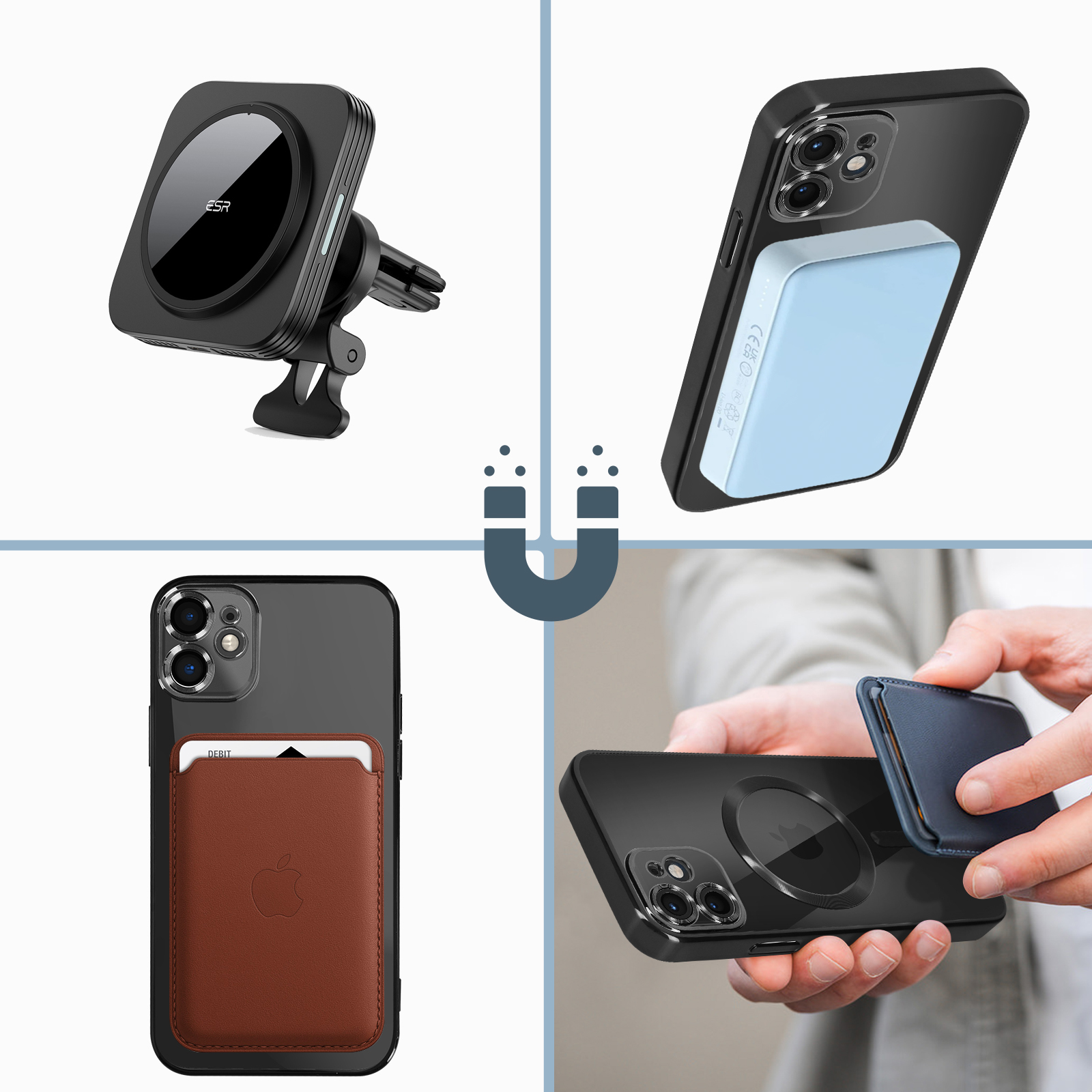 Un collage che mostra custodie per telefoni, supporto per auto, porta carte e accessori magnetici.