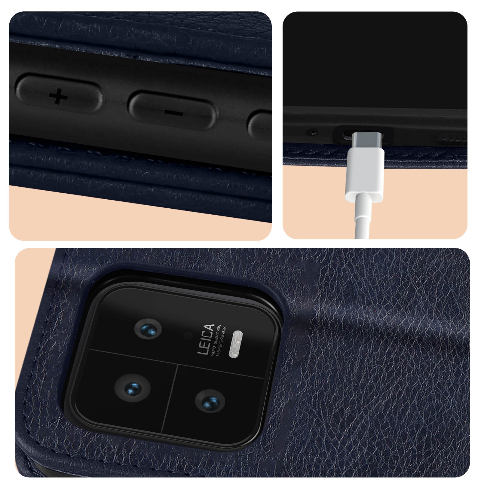 Gros plans d'une coque de téléphone bleu foncé, avec boutons, port de charge et lentilles de caméra visibles.