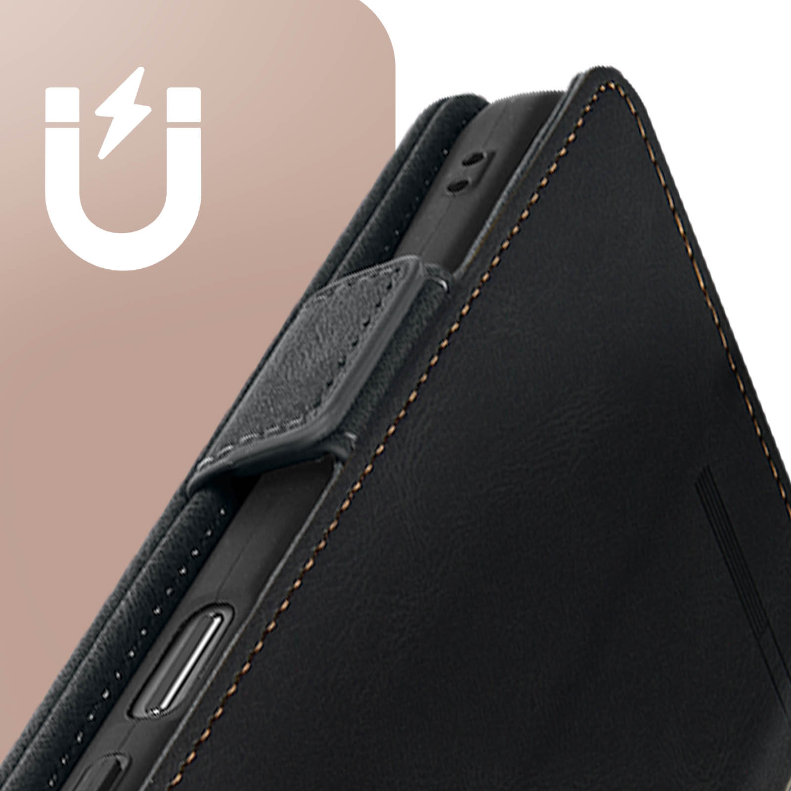 Custodia nera per telefono con chiusura magnetica, primo piano. Icona bianca a forma di U con fulmine.