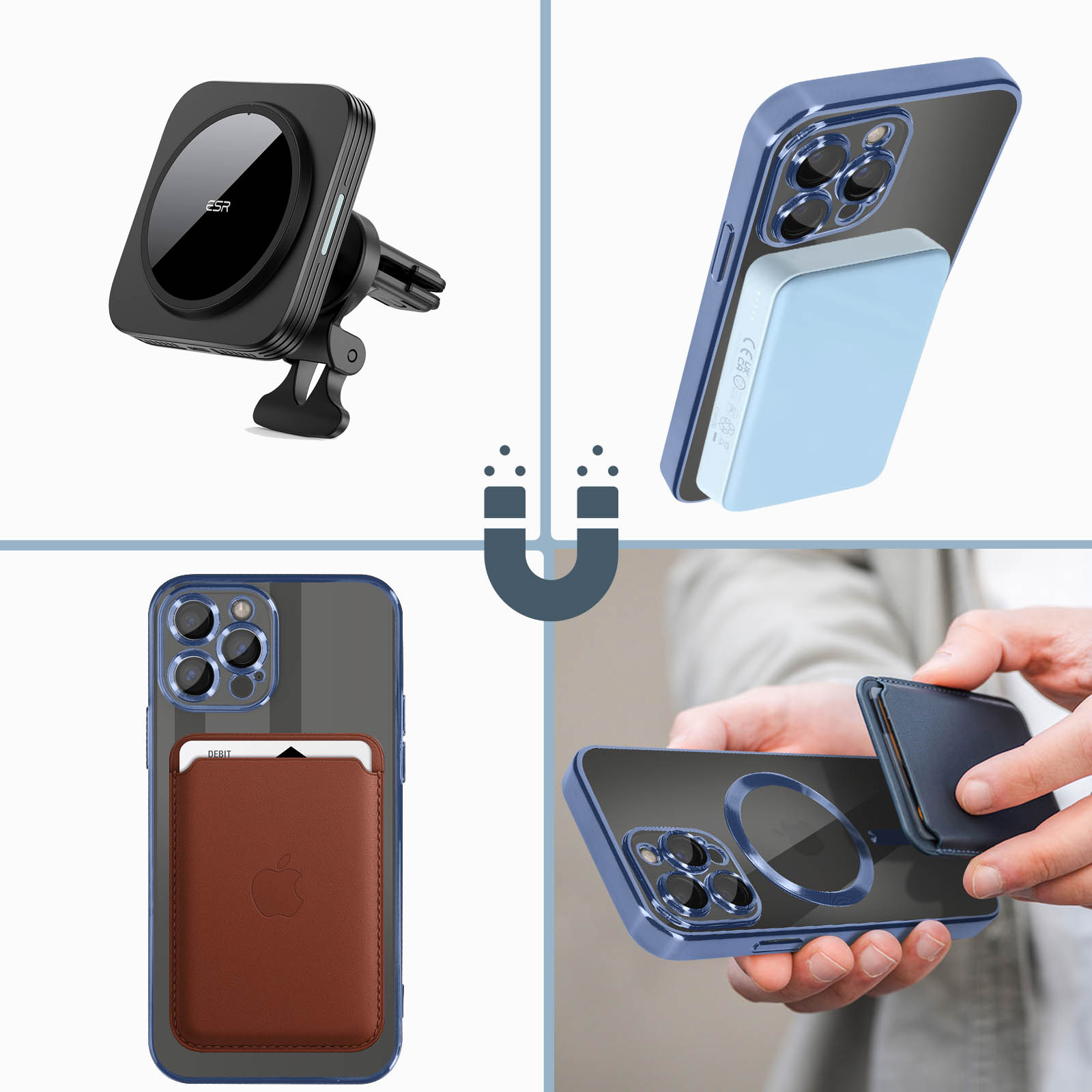 Collage di accessori per telefoni: un caricabatterie, una custodia con porta carte e una custodia con anello.