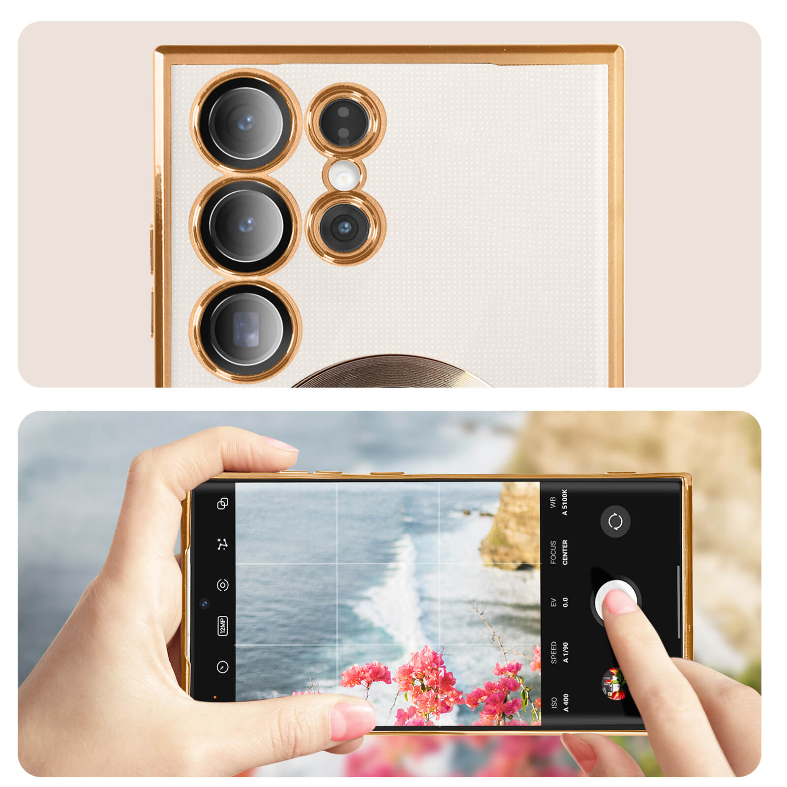 Twee afbeeldingen van een telefoon. Boven: Achtercamera. Onder: Een hand die een foto van bloemen maakt. Gouden frame.