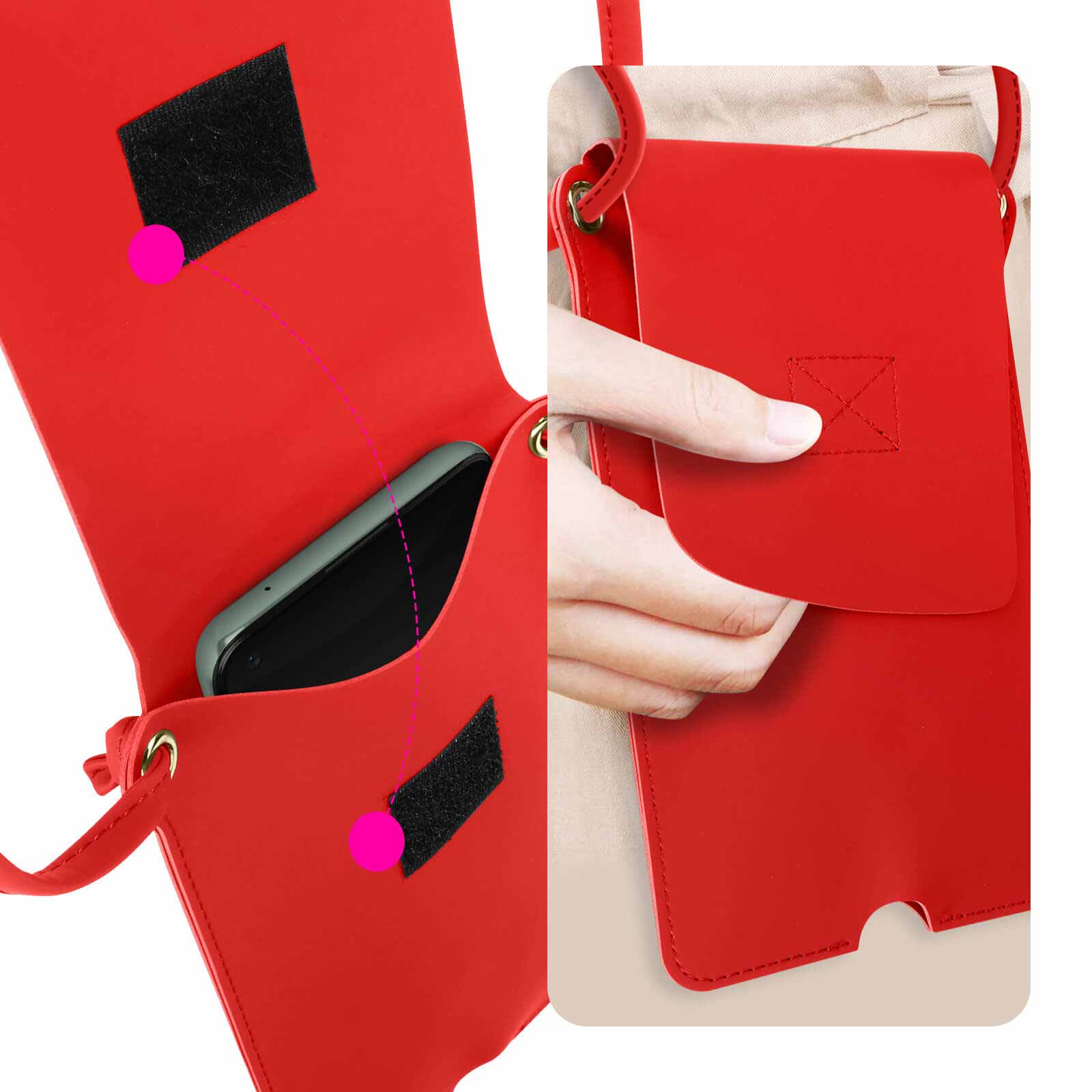 Una borsa rossa per telefono è mostrata aperta, rivelando un telefono all'interno. Una mano estrae una carta.