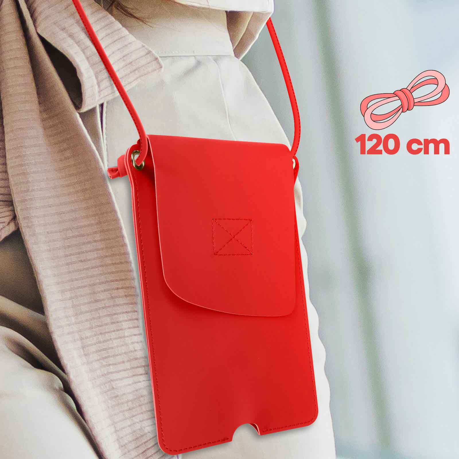 Borsa rossa per telefono sul corpo di una persona. Nastro rosa a destra, testo 120 cm.