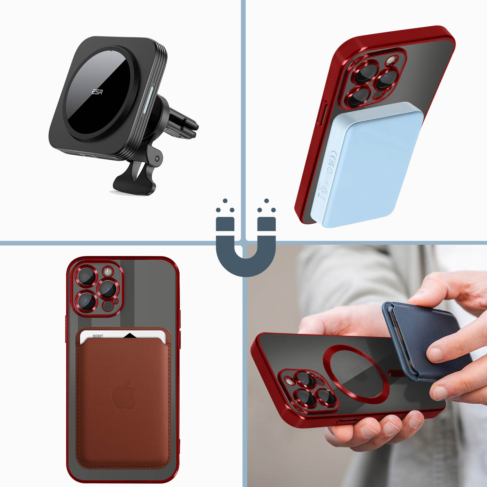 Afbeeldingen tonen telefoonaccessoires. Een autohouder, een telefoonhoesje met portemonnee en een draadloze oplader.