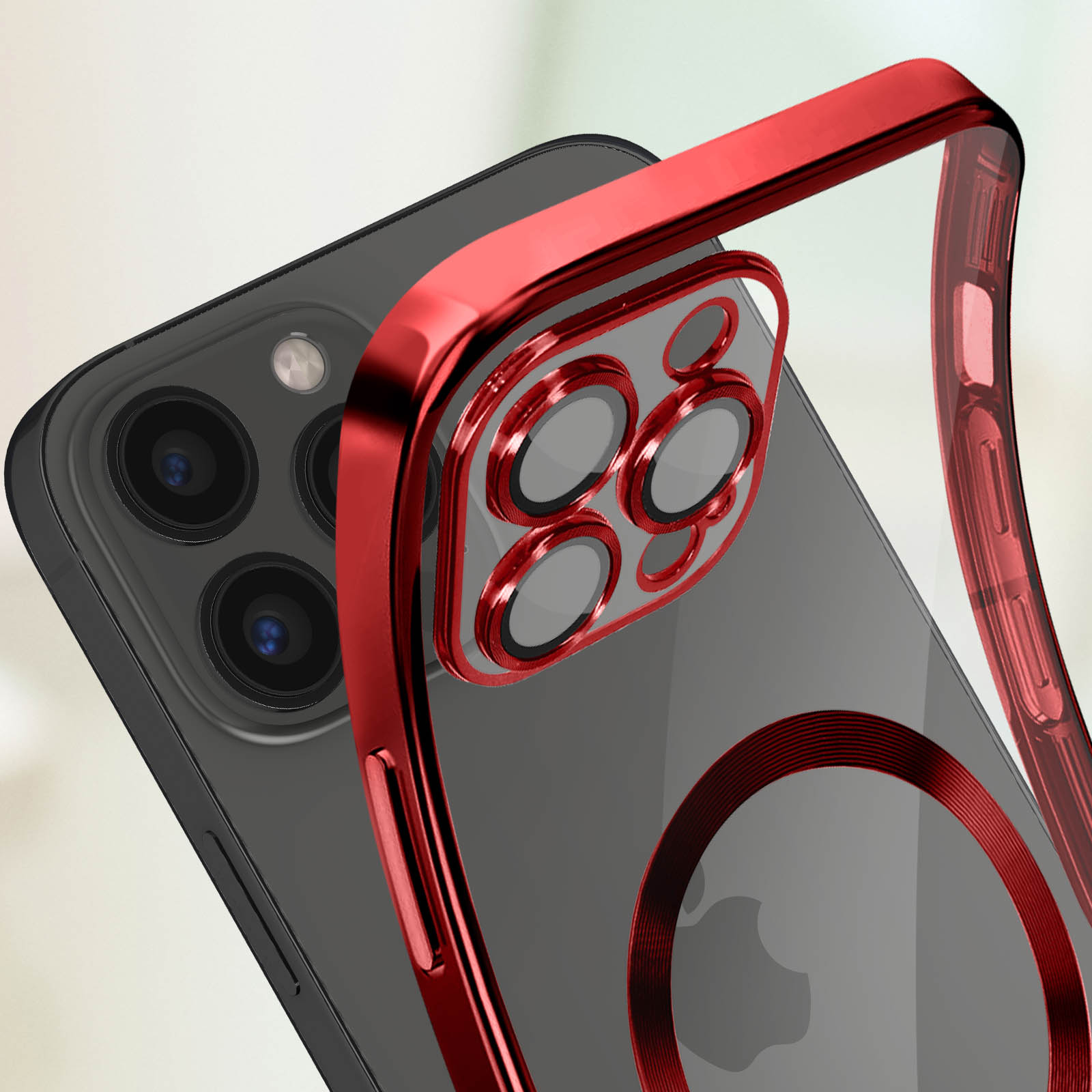 Een telefoonhoesje met een rode rand rond de camera, de telefoon is zwart.