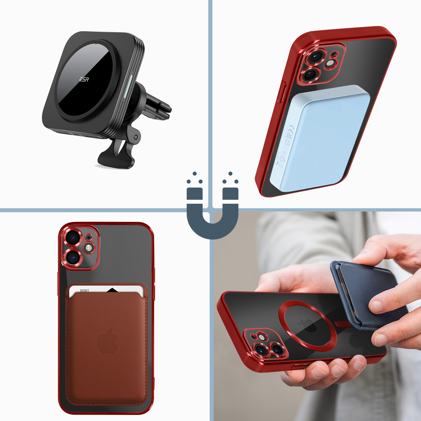 Diverse immagini che mostrano accessori per telefoni: caricabatterie, porta carte e custodie. Tutti sono magnetici.