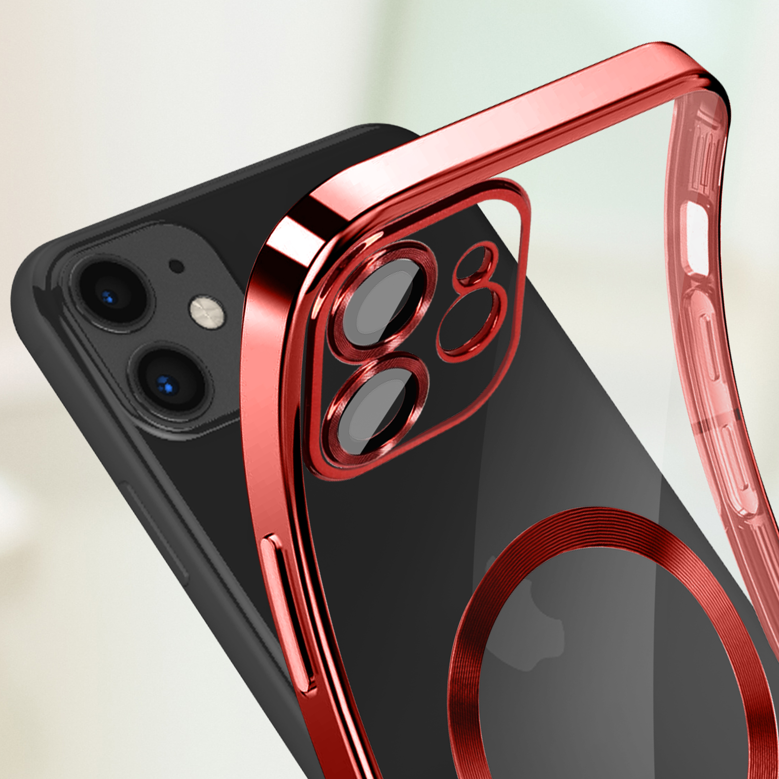 Telefono nero con custodia in metallo rosso. La custodia copre la fotocamera e ha un anello magnetico.