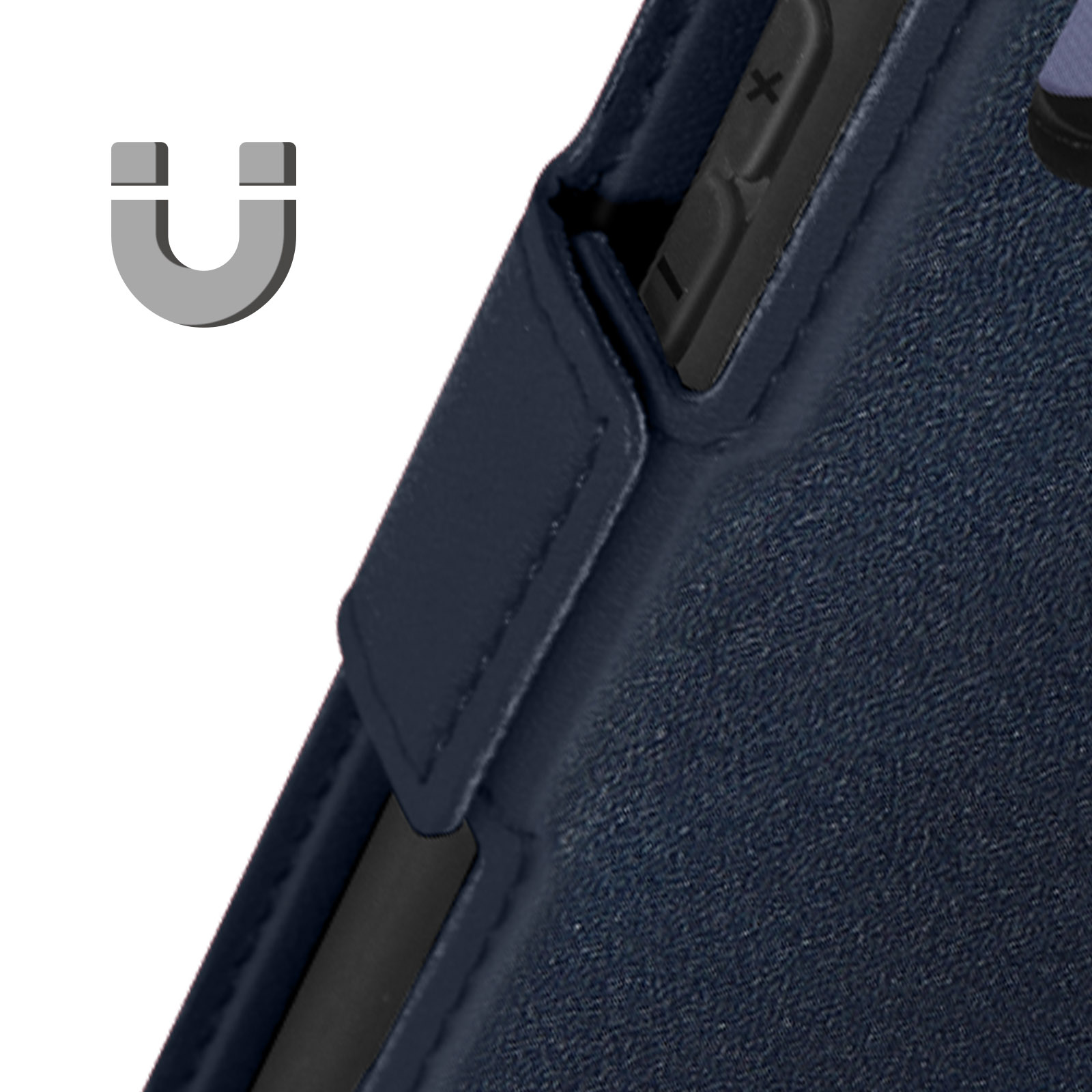 Primo piano di una custodia blu navy con un magnete.
