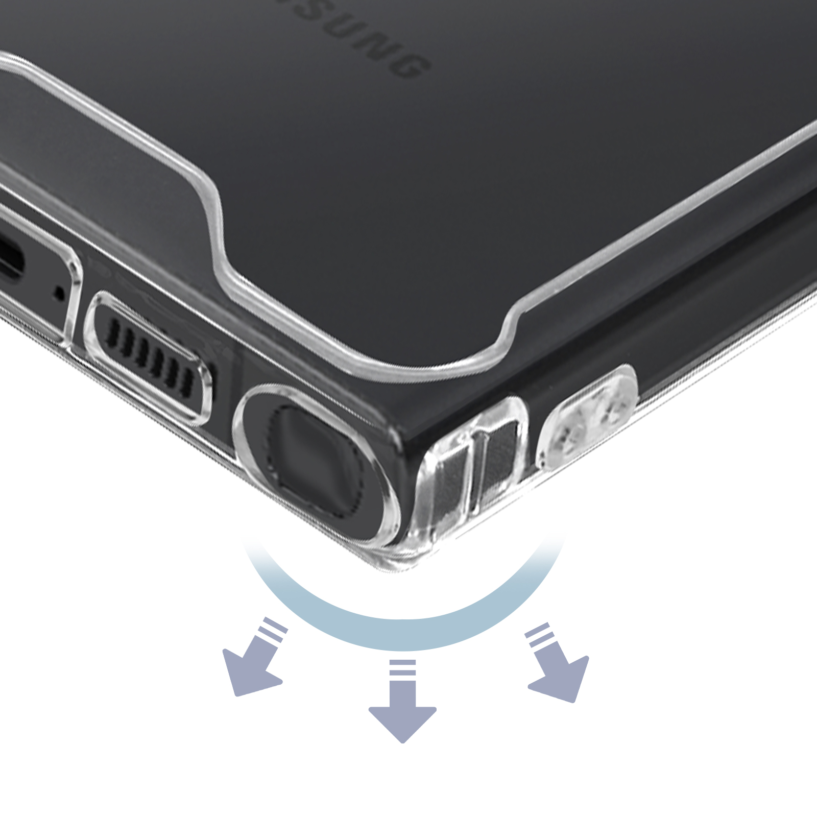 Dettaglio dell'angolo della custodia del telefono, con frecce che indicano la protezione. Sono visibili anche le porte del telefono.