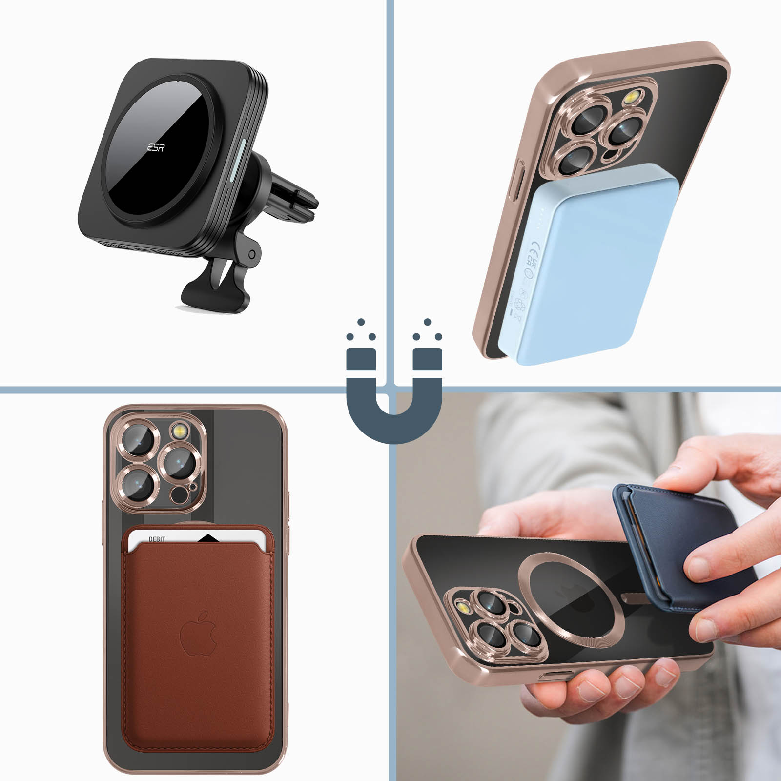 Accessori per telefono multipli: supporto per auto, custodia, portafoglio e attacco magnetico.
