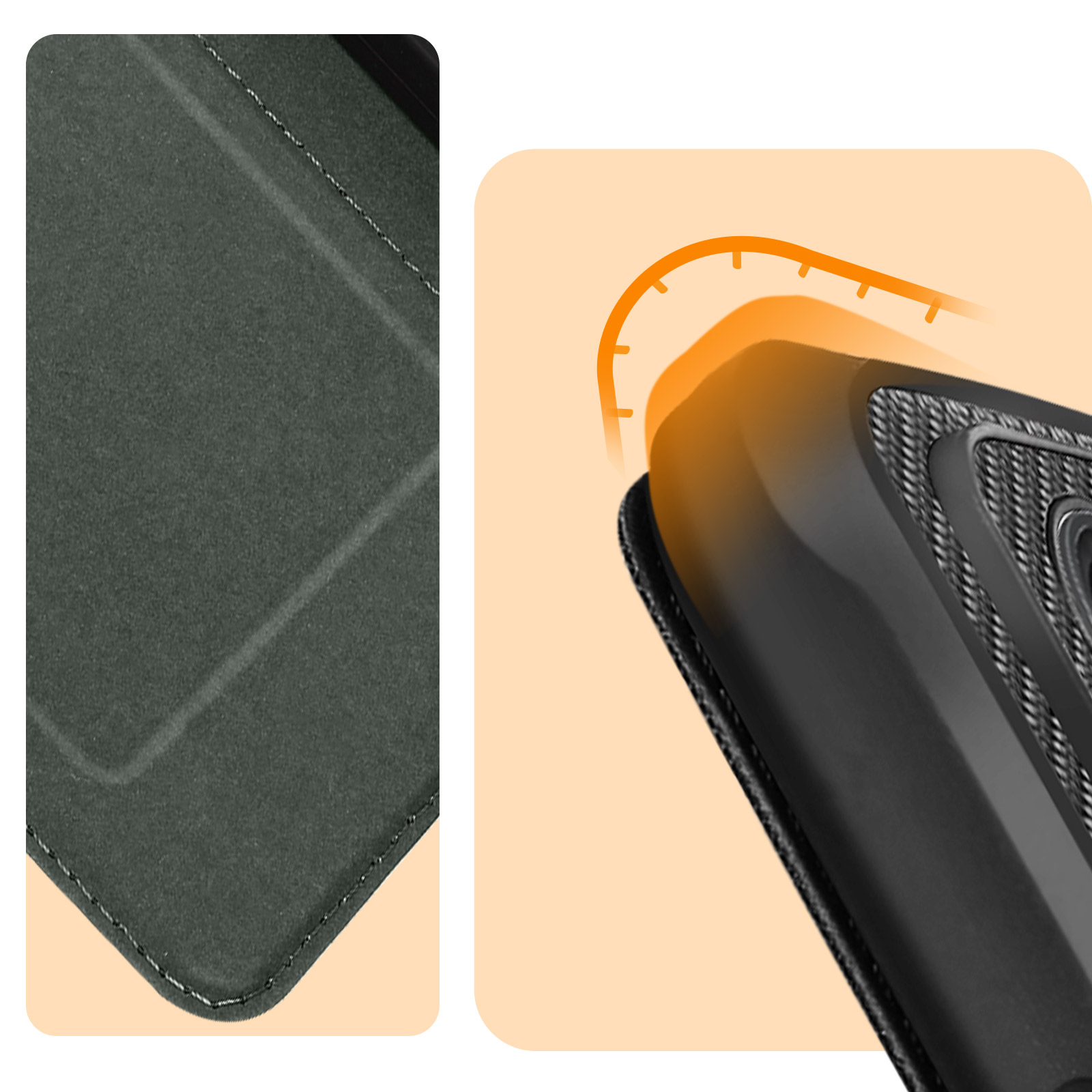 Nahaufnahme des Handyhüllenmaterials, das Textur und ein Designelement sowie die Seite zeigt.