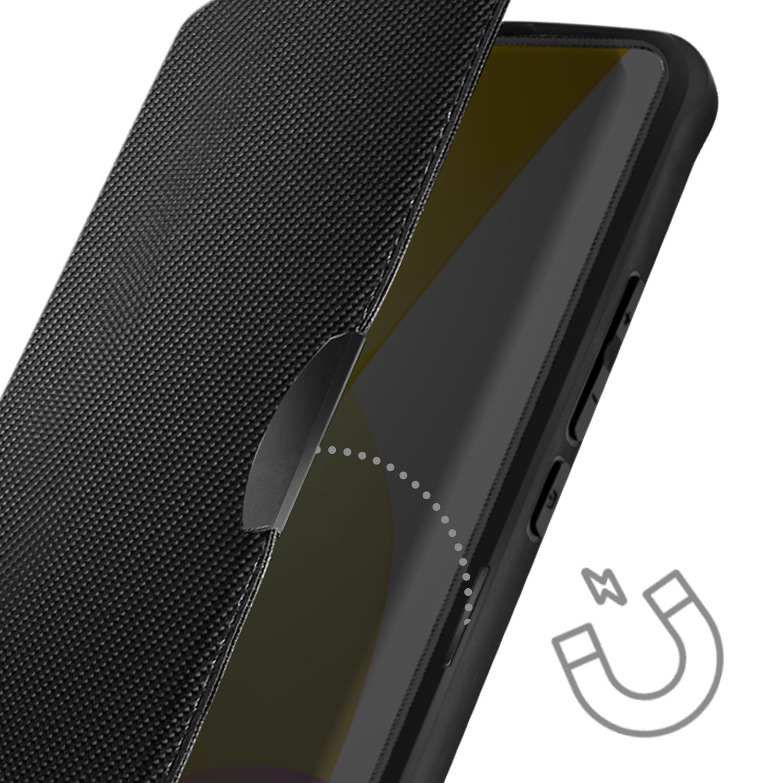 Eine Handyhülle mit Magnetverschluss wird gezeigt. Die Hülle ist schwarz und das Telefon ist teilweise sichtbar.