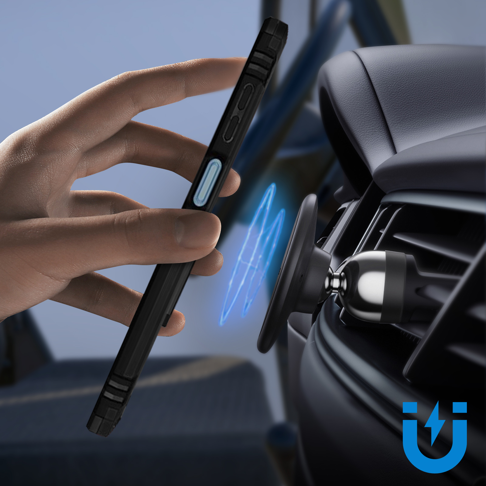 La mano di una persona che tiene una custodia per telefono nera vicino a un supporto per bocchetta dell'auto con linee di energia blu.