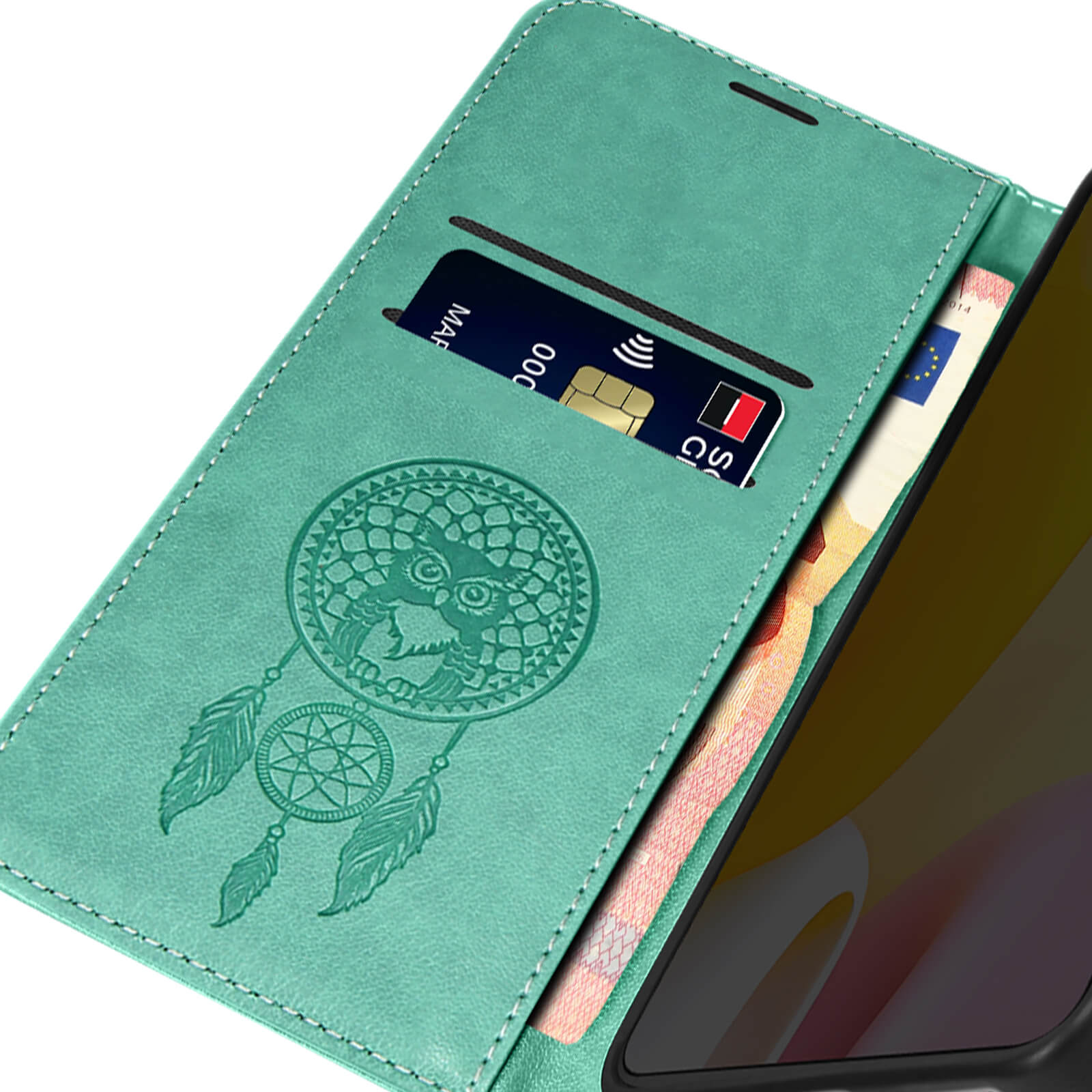 Geöffnete türkisfarbene Handyhülle mit Kartenfächern und Traumfänger-Design. Banknoten sind sichtbar.