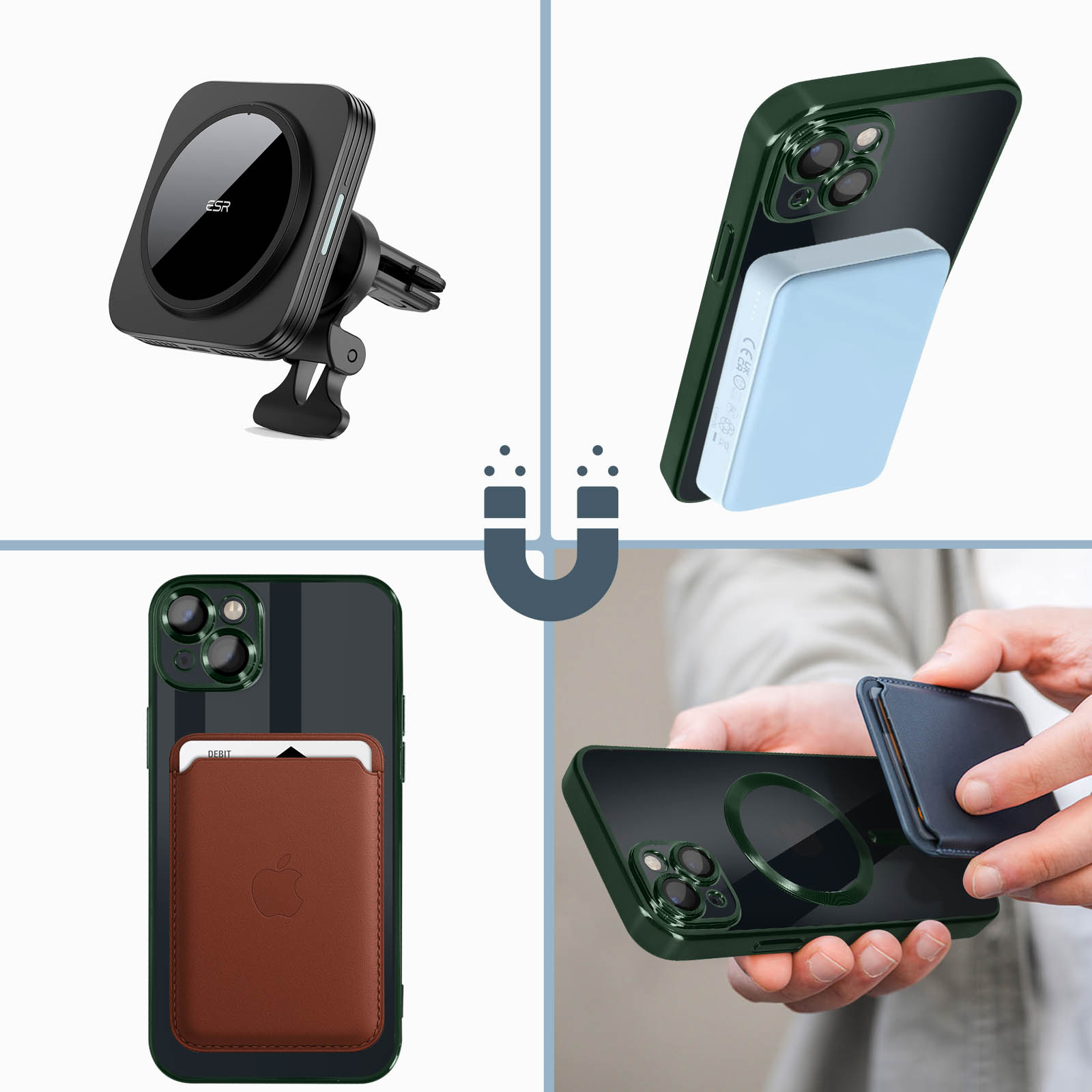 Un collage mostra accessori per telefoni: supporto per auto, caricatore MagSafe, porta carte e un portafoglio. Tutti sono relativi ai telefoni.