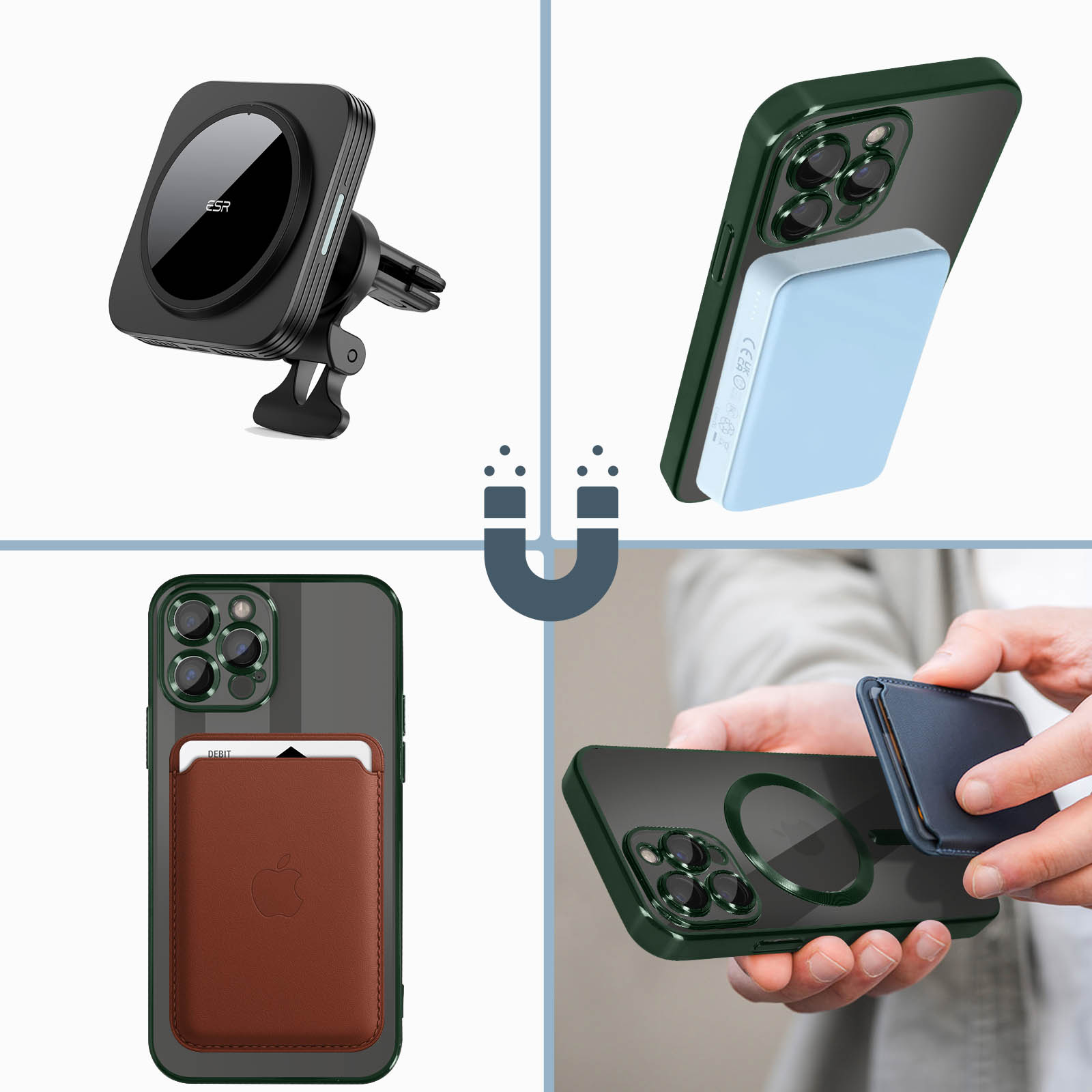 Collage di accessori per telefoni: supporto per auto, telefono con power bank, custodia a portafoglio e attacco magnetico.
