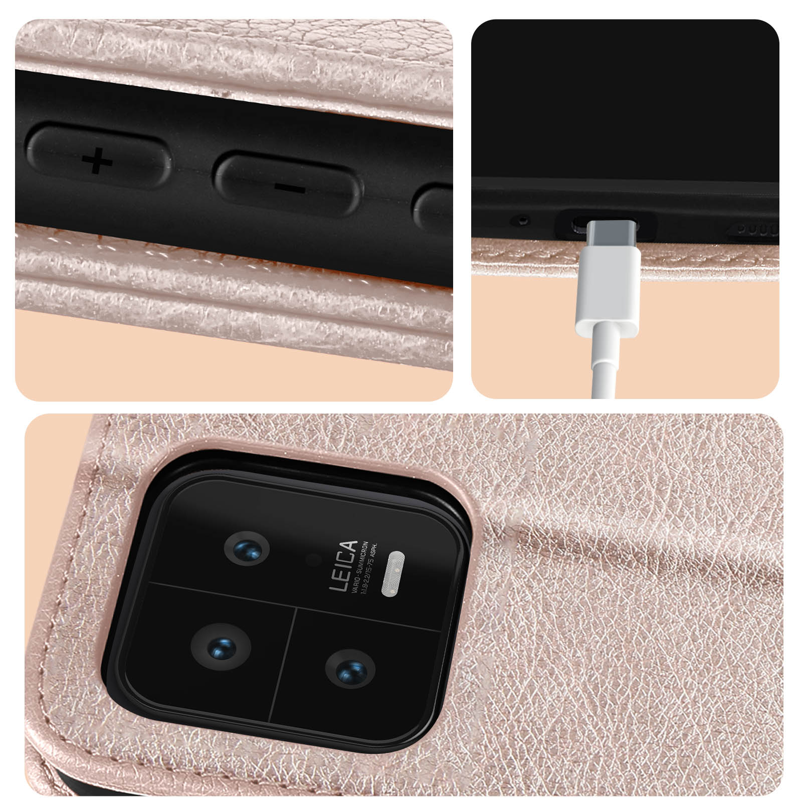Gros plan d'une coque de téléphone. La coque est rose, avec des boutons noirs et un port de chargement.