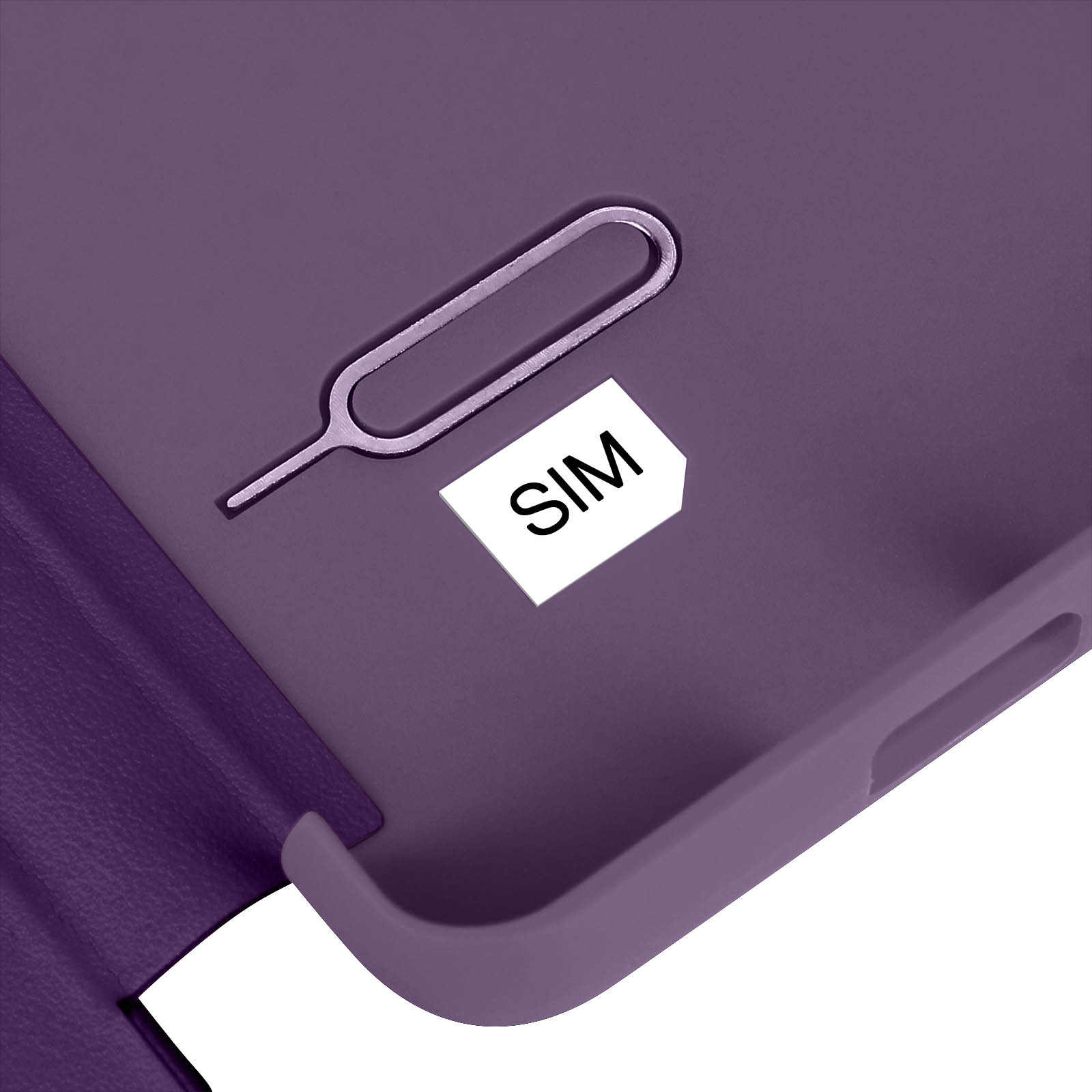 Custodia per telefono viola con strumento e scheda SIM. La parola 'SIM' è scritta sulla scheda.