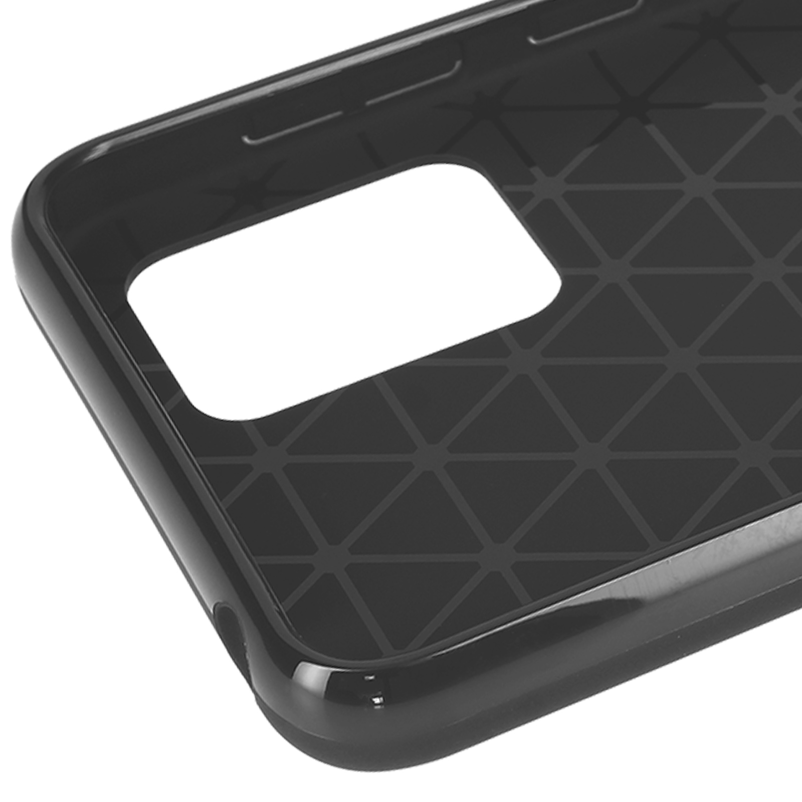 Interno di una custodia nera per telefono con motivo geometrico e aperture per le funzioni del telefono.
