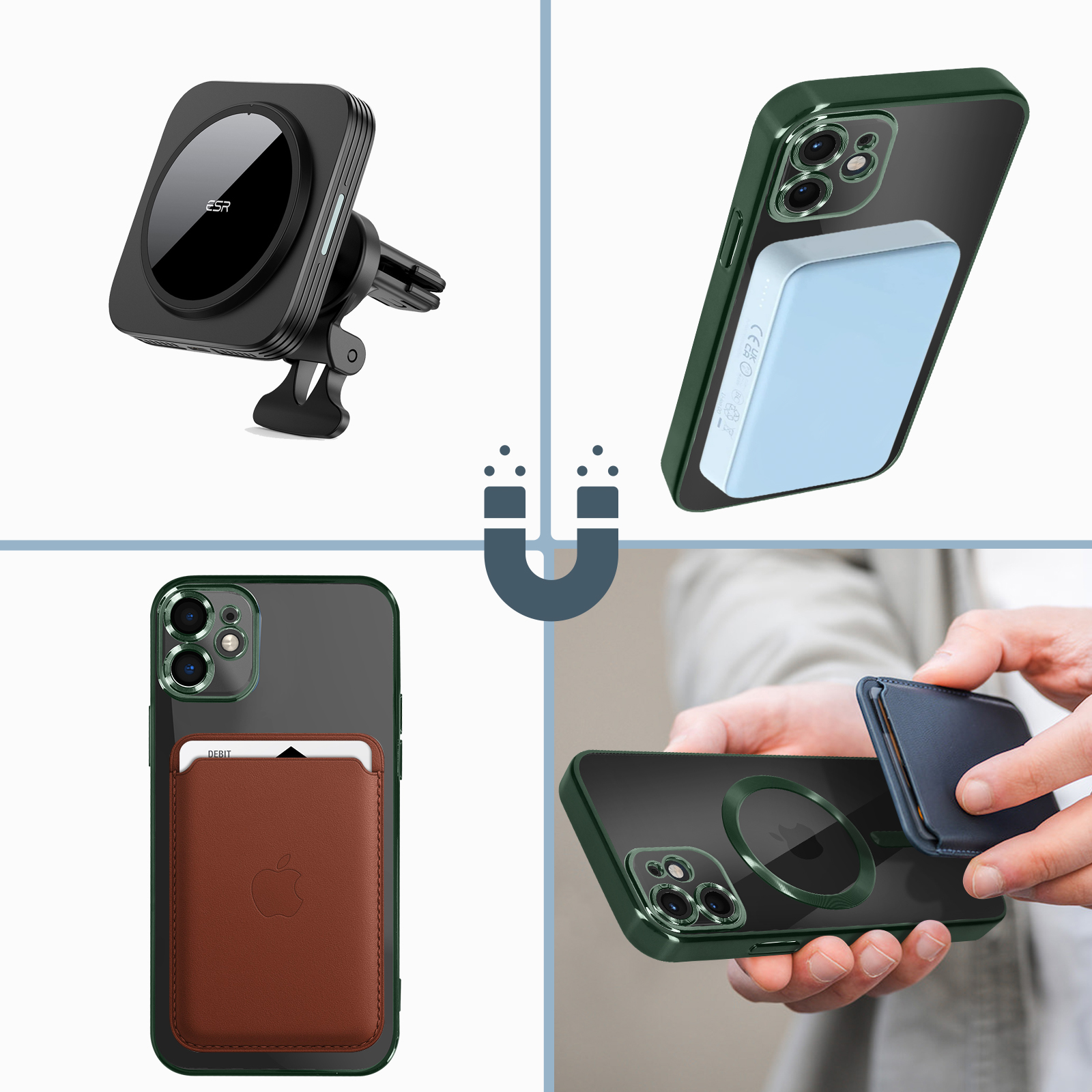 Quattro immagini che mostrano accessori per telefoni. Include un supporto per auto, una custodia, un portafoglio e un caricatore.