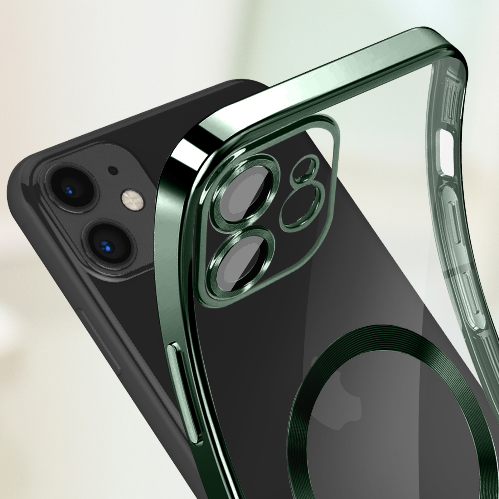 Primo piano di un telefono con una custodia paraurti metallica verde. Le lenti della fotocamera sono visibili.