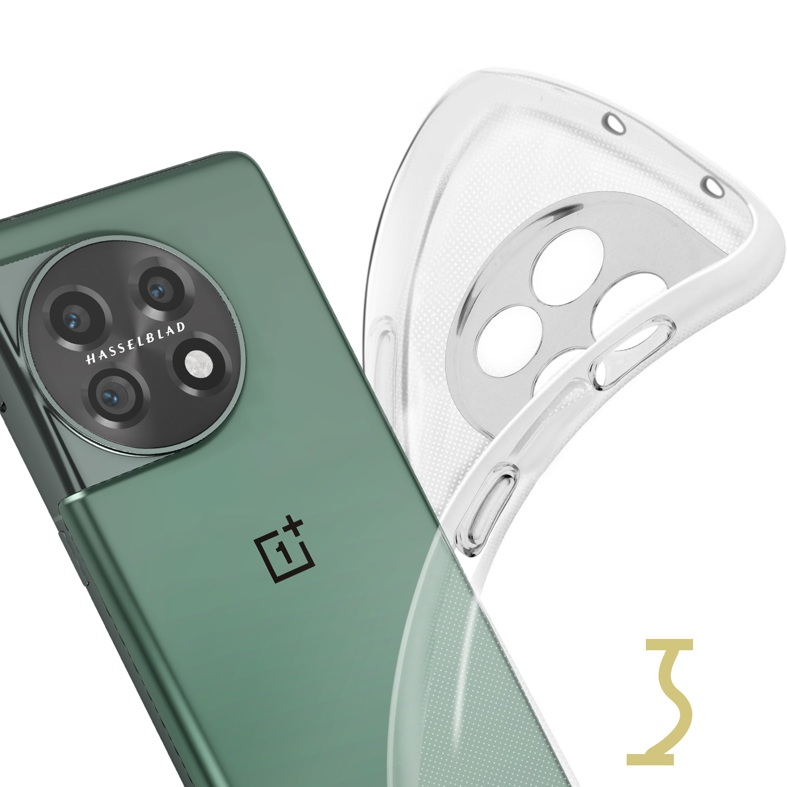 Uno smartphone verde con una custodia trasparente e una forma gialla su una superficie bianca.