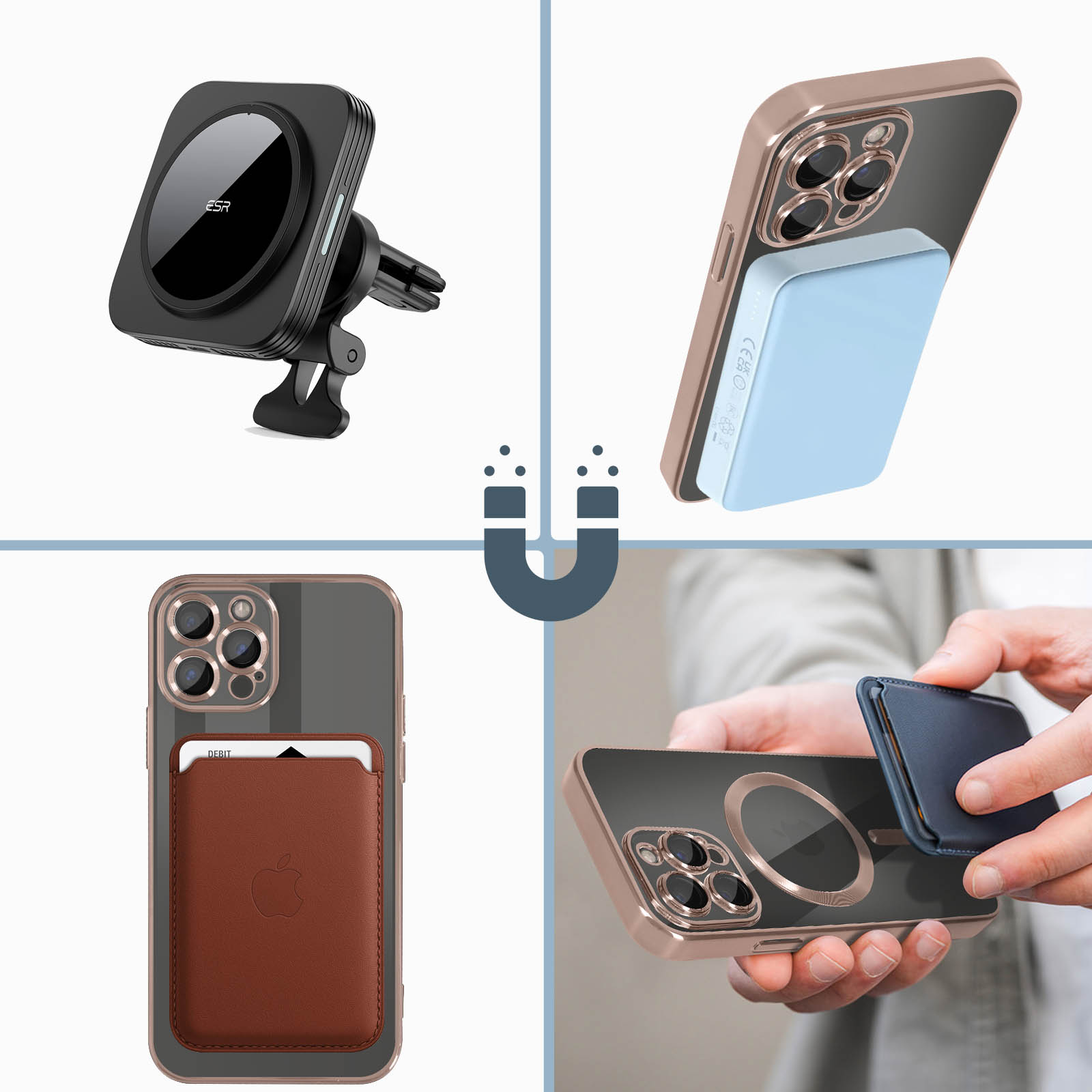 Vari accessori per telefoni: supporto per auto, portafogli magnetici e caricabatterie wireless.