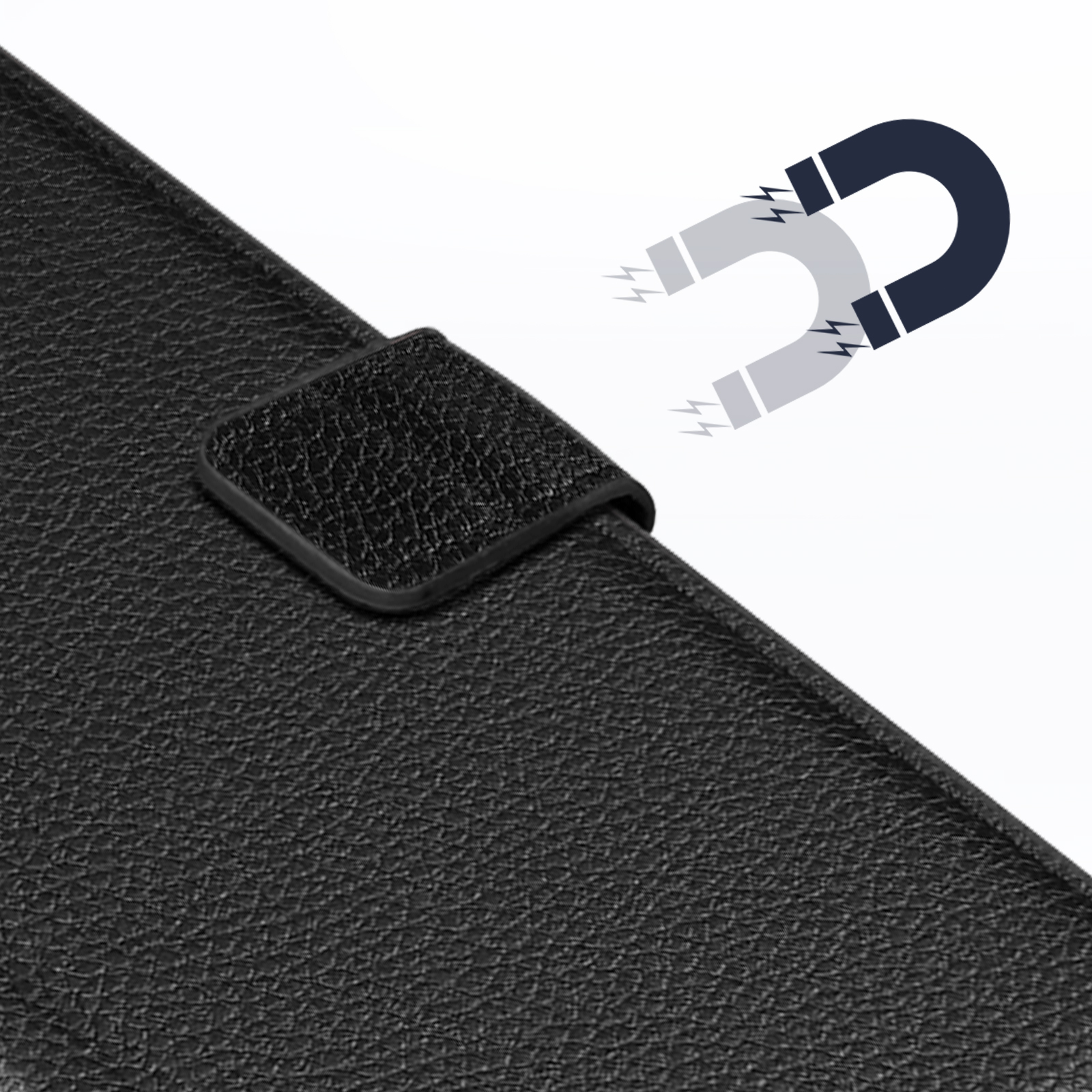 Funda de cuero negra con cierre magnético. Un icono de imán está en el fondo.