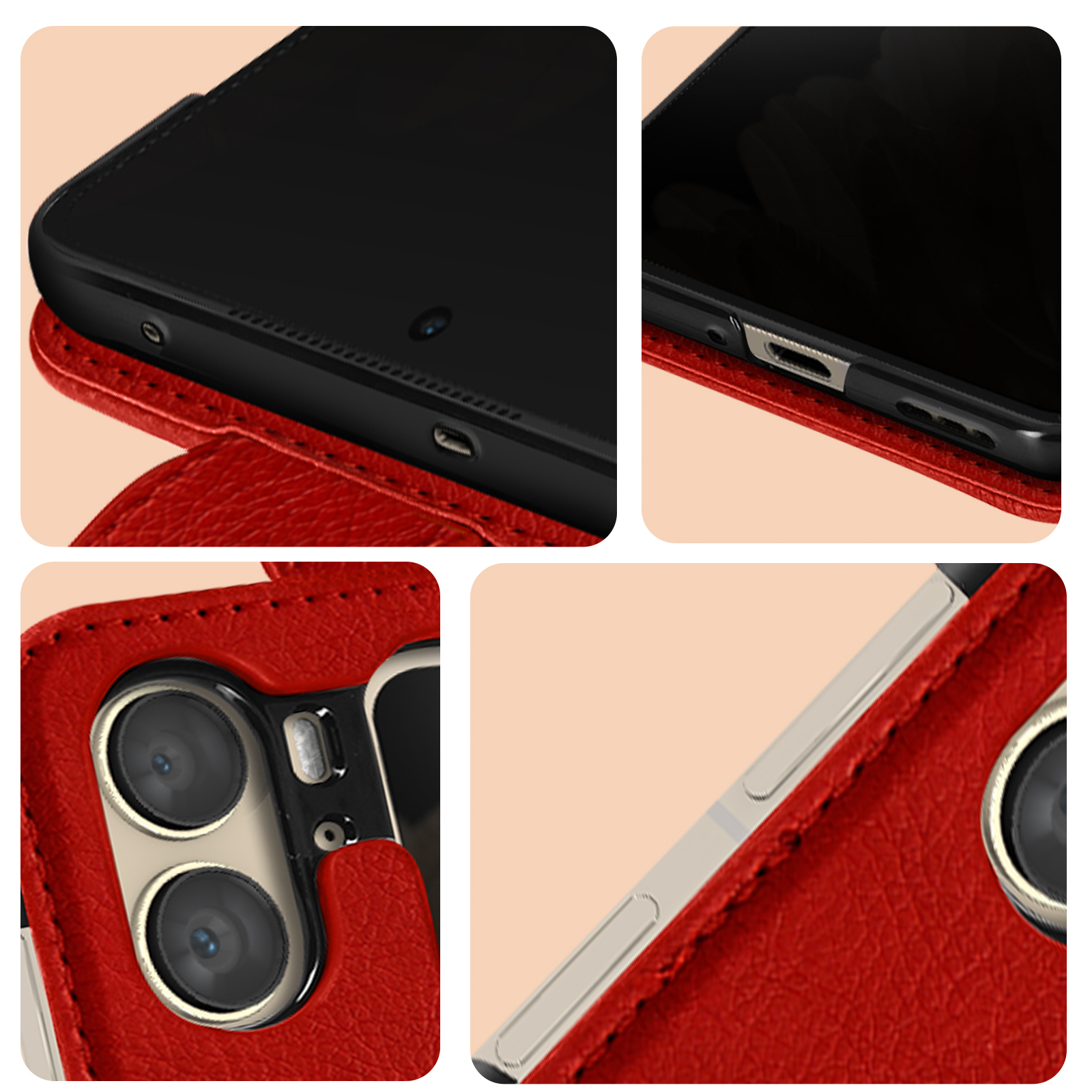 Close-up van een rood telefoonhoesje met een telefoon erin. Details zijn onder meer knoppen en een oplaadpoort.