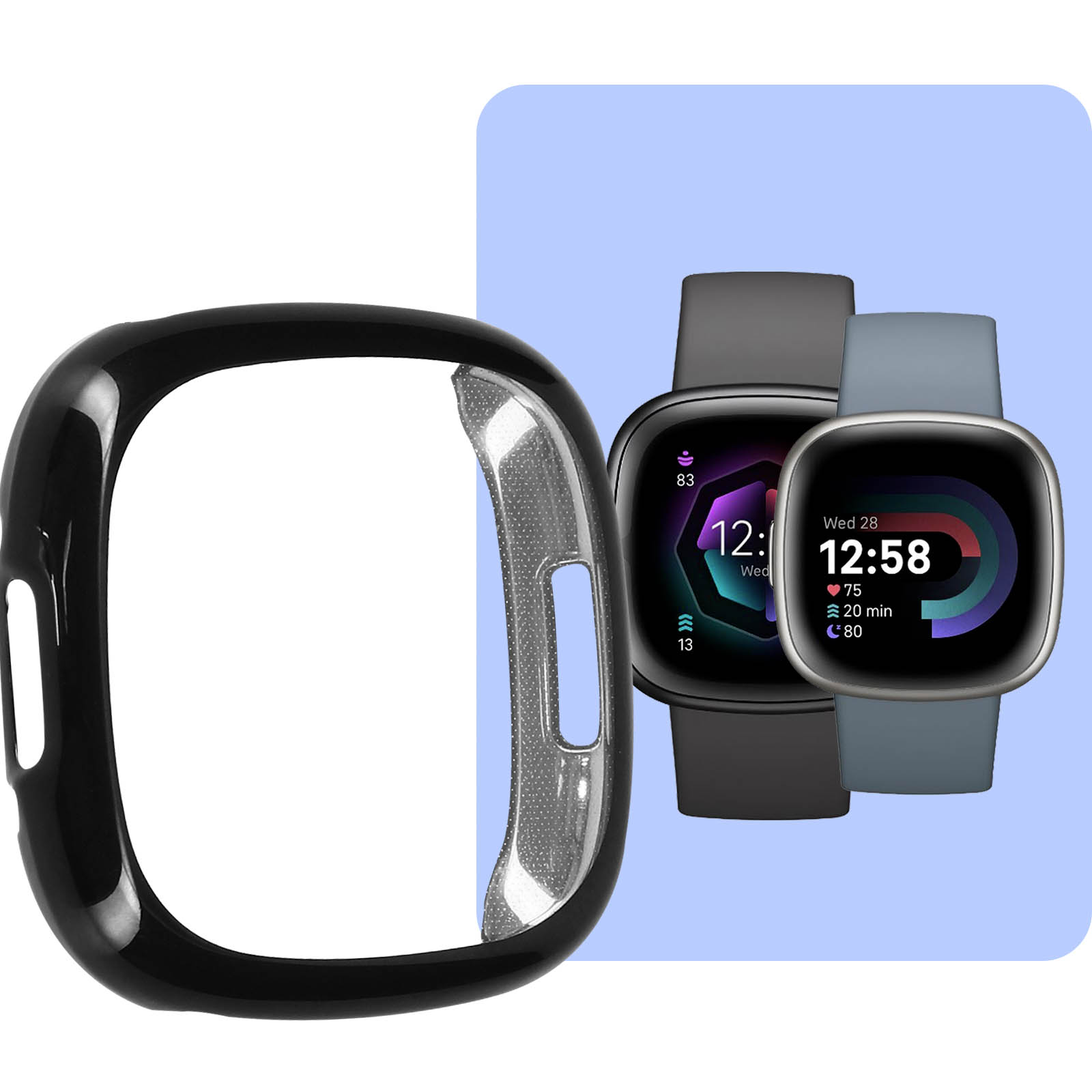 Carcasa negra para smartwatch y dos smartwatches. Uno negro, uno azul, ambos hora.
