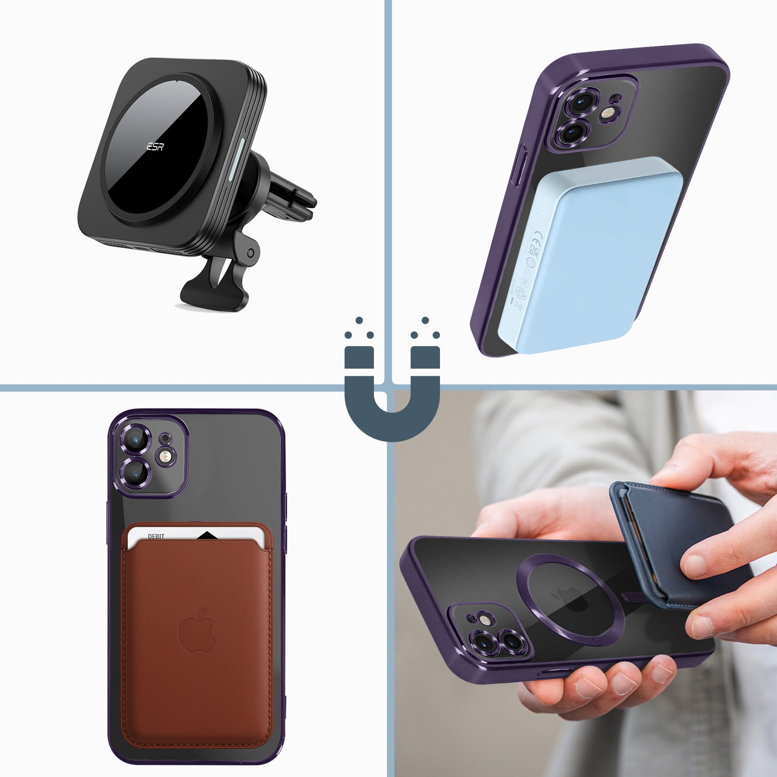 Un telefono con supporto magnetico per auto e un portafoglio sono mostrati con un simbolo magnetico.