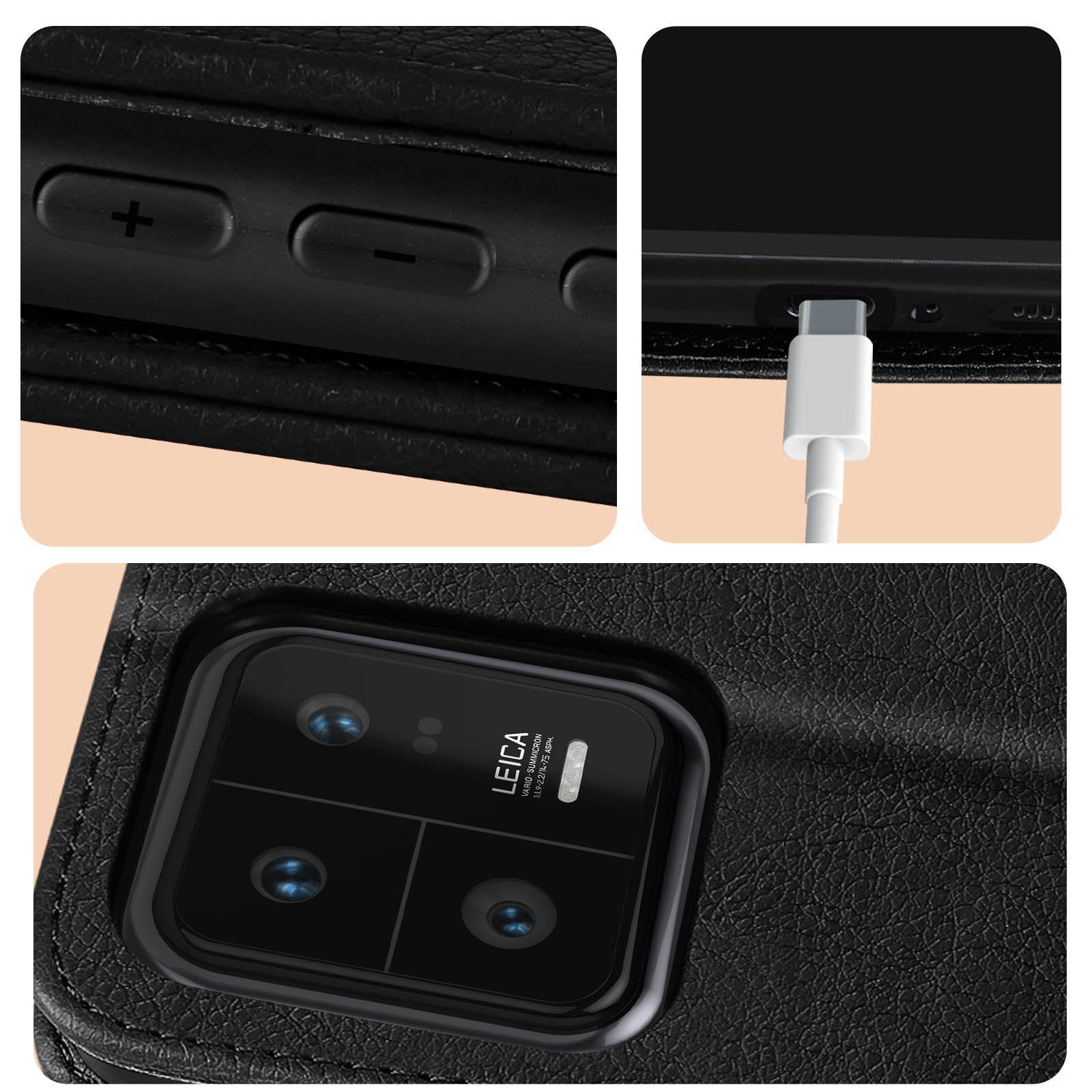 Collage : boutons, un port de chargement et un téléphone avec module caméra sur cuir noir, marque Leica.