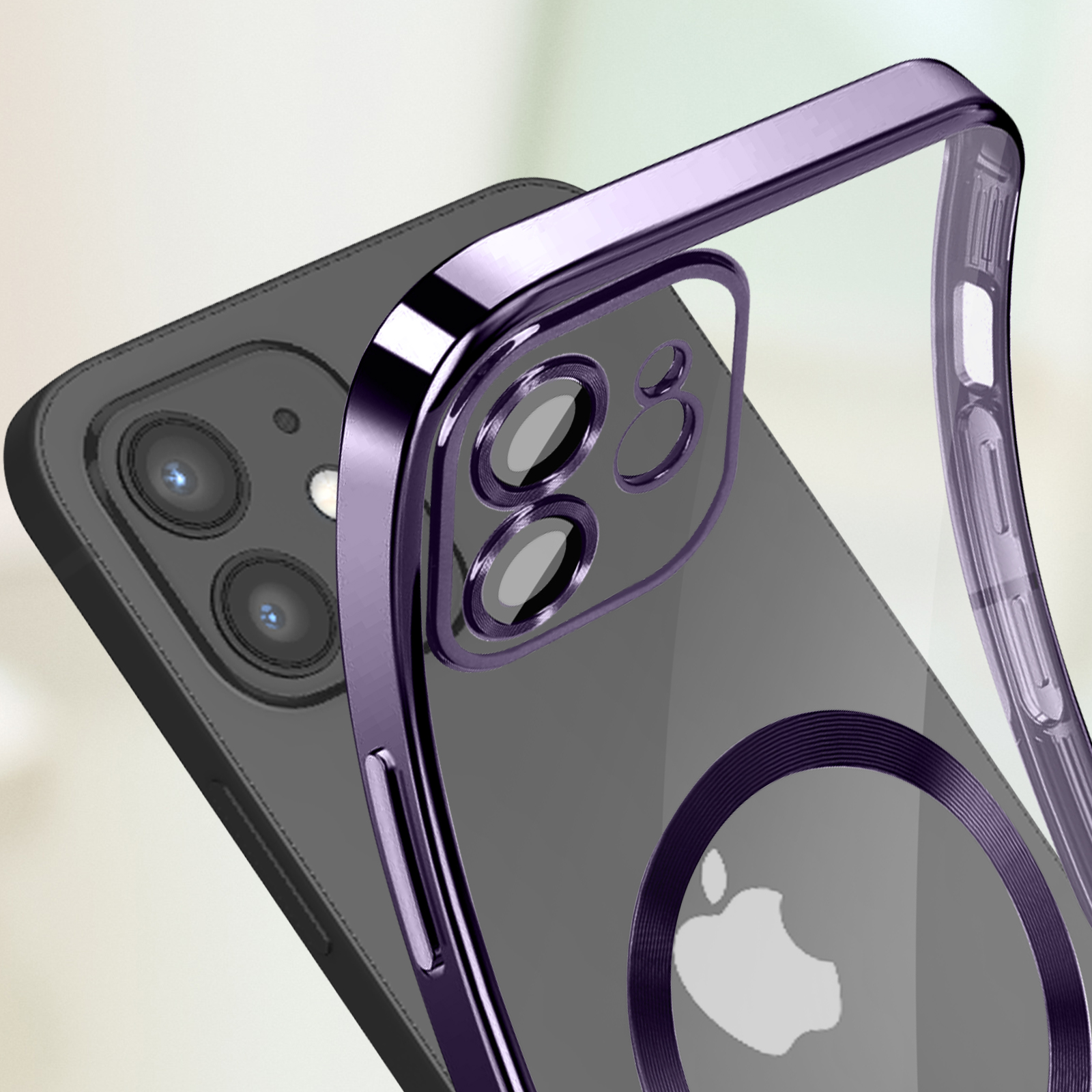 Custodia viola per telefono con retro trasparente. Tre obiettivi della fotocamera visibili. Telefono nero all'interno della custodia. Logo Apple.