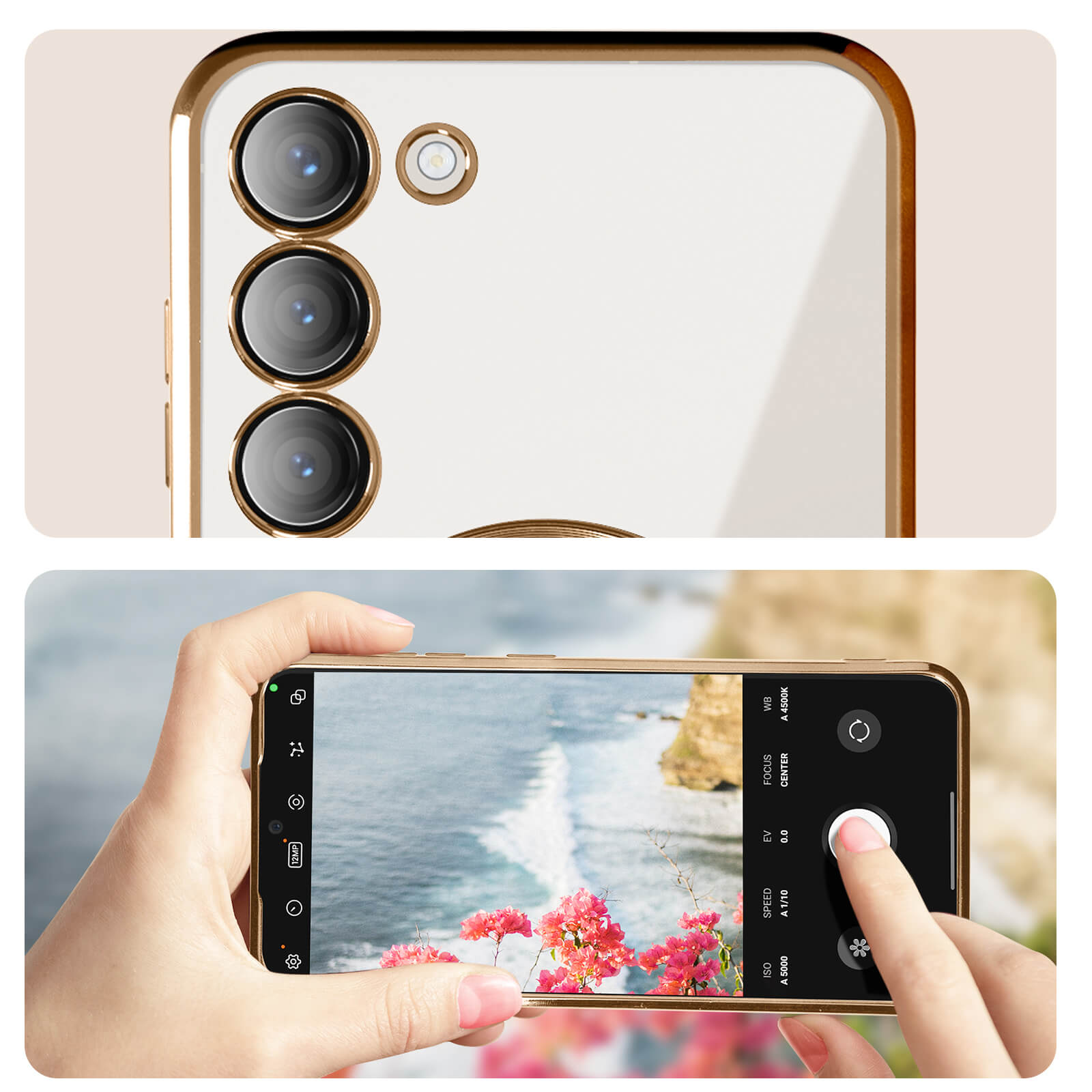 Dettaglio telefono e utente che scatta una foto. Telefono con finiture dorate. Fiori rosa sullo sfondo.