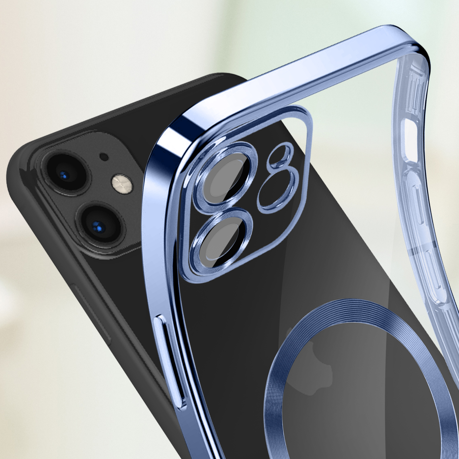 Un telefono in una custodia trasparente con cornice blu, contro uno sfondo sfocato.