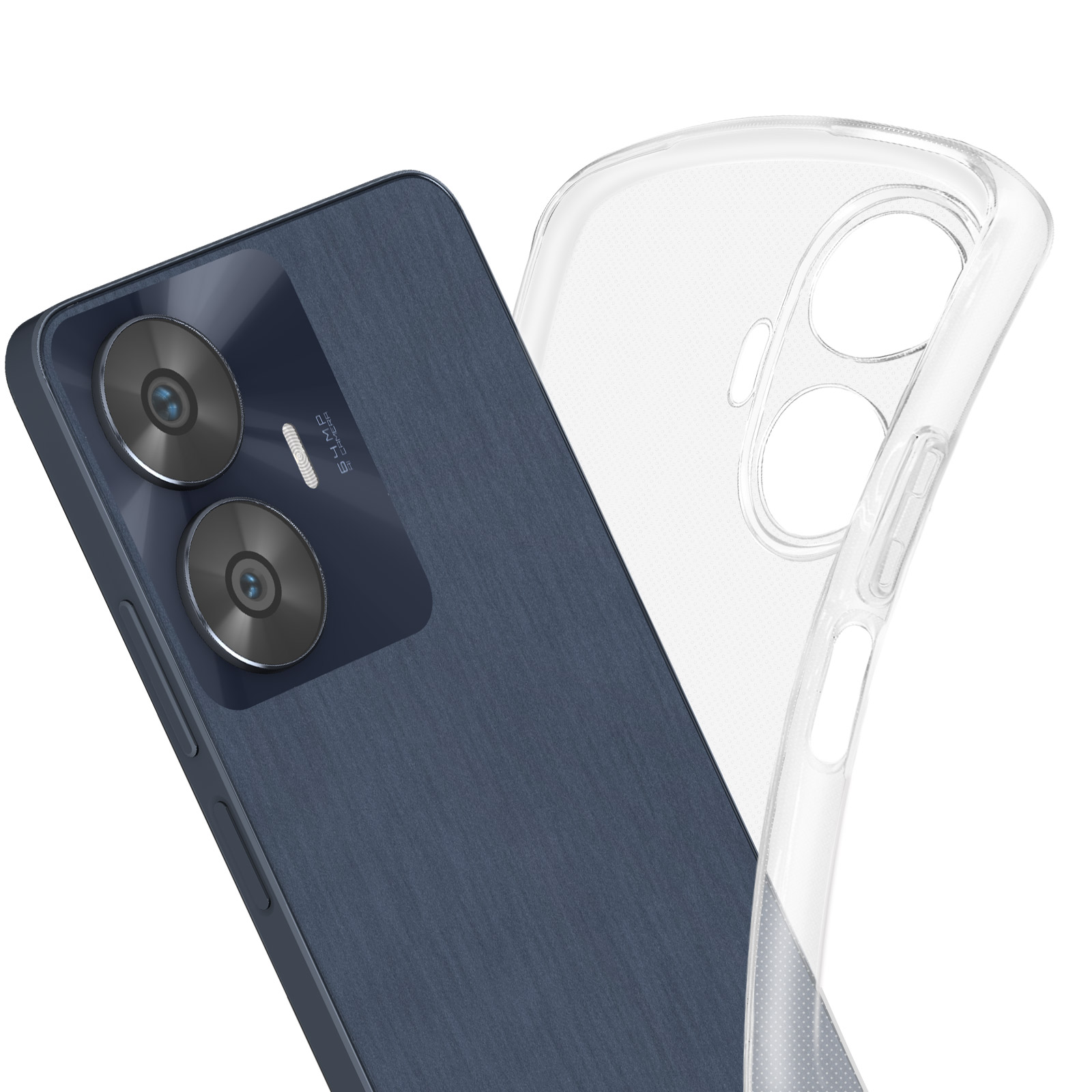 Primo piano di un telefono con retro blu e custodia trasparente. Il telefono ha due fotocamere.