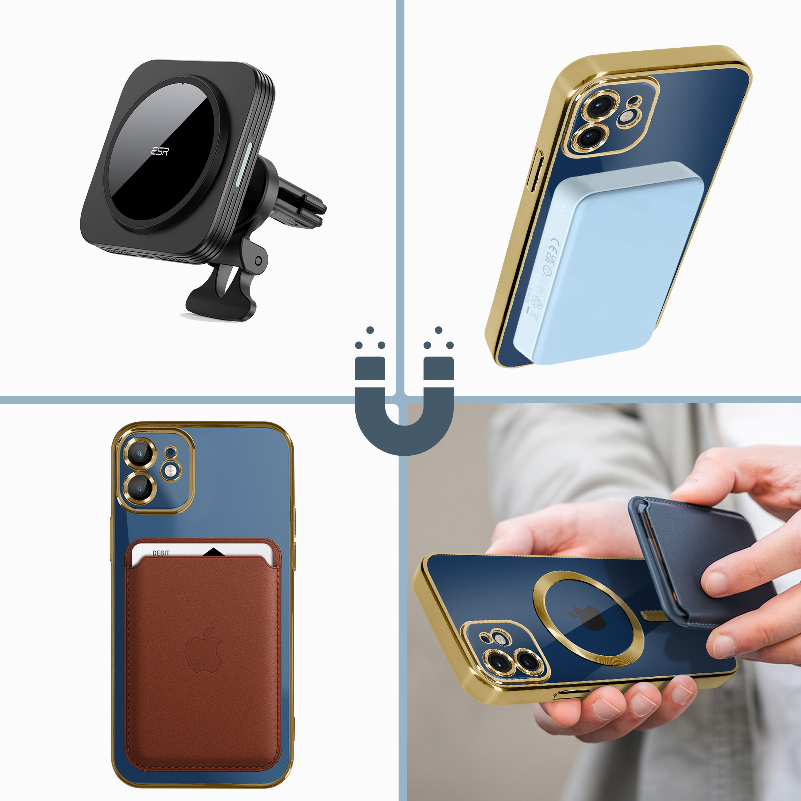 Quattro immagini che mostrano accessori per telefoni: supporto magnetico per auto, custodia e porta carte.