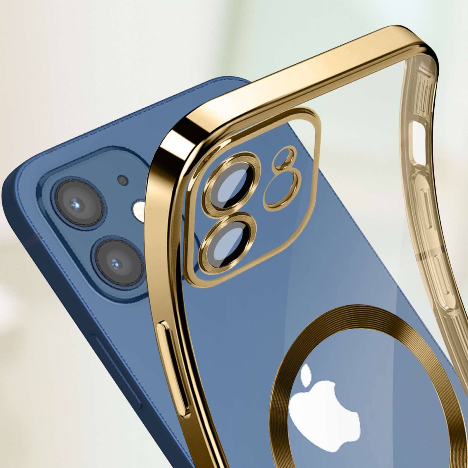 Primo piano di un telefono blu con anello fotocamera dorato e cornice trasparente.