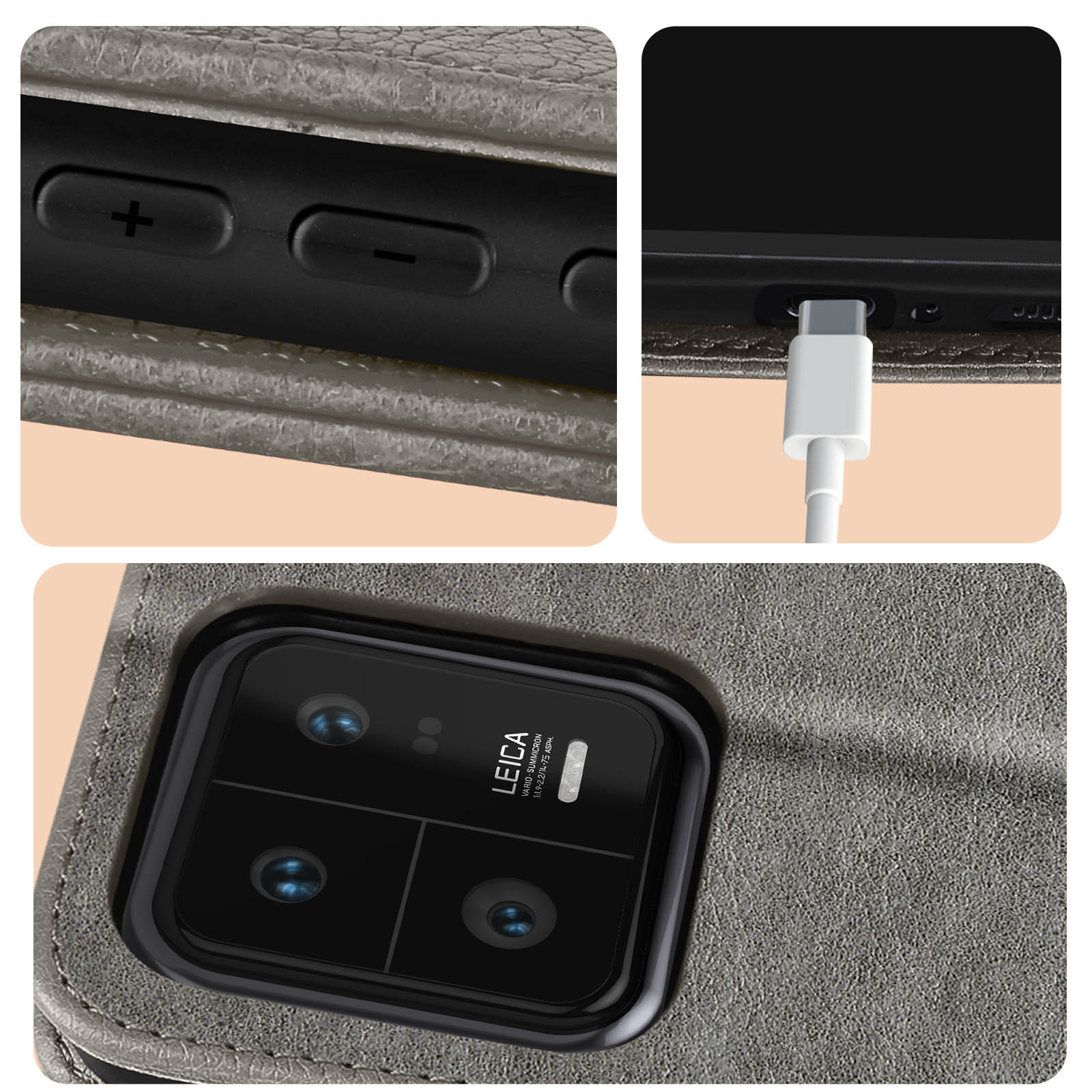 Gros plan d'un téléphone avec un étui gris. Accessoires sur la table.