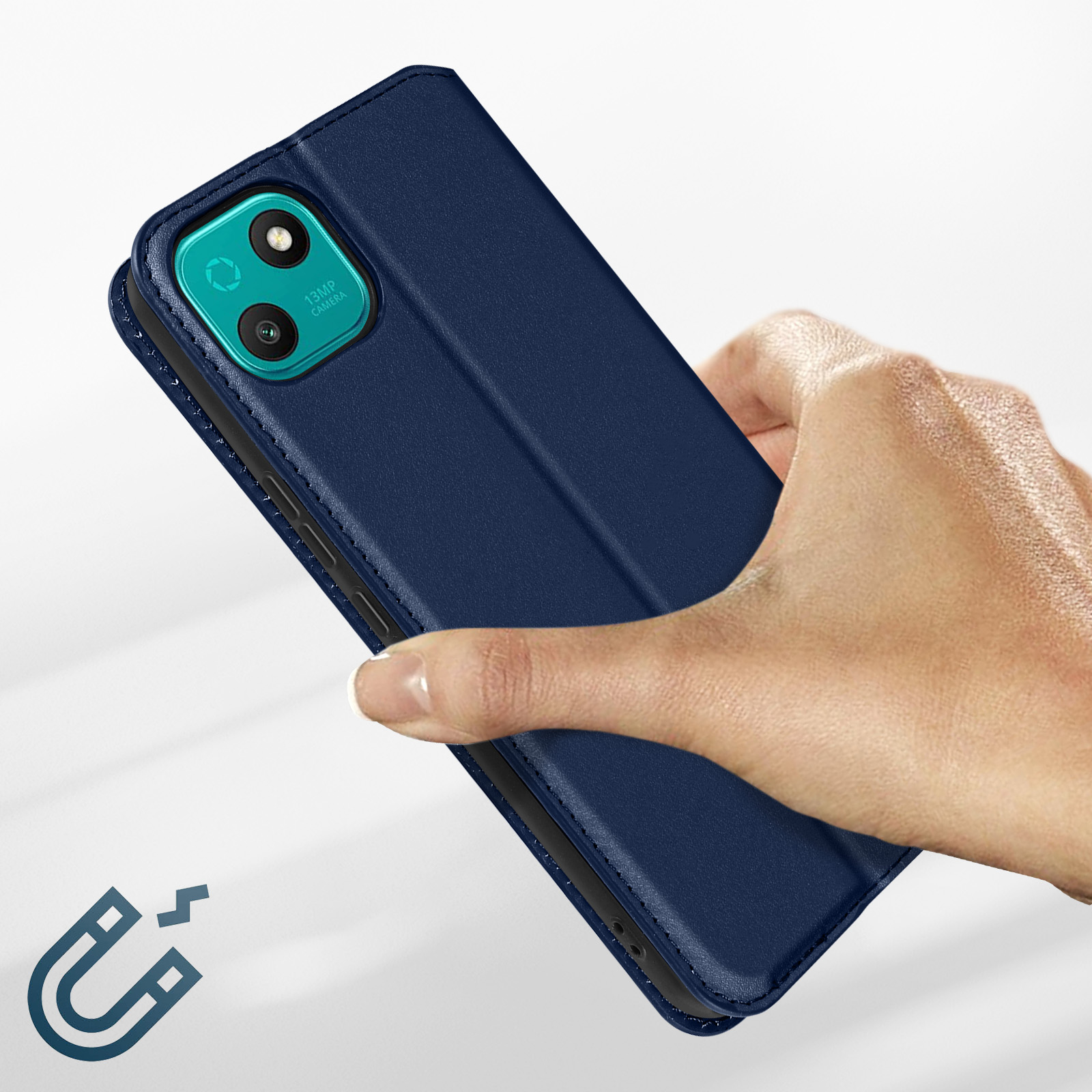 Een hand die een blauwe telefoonhoes vasthoudt, met de camera van de telefoon.