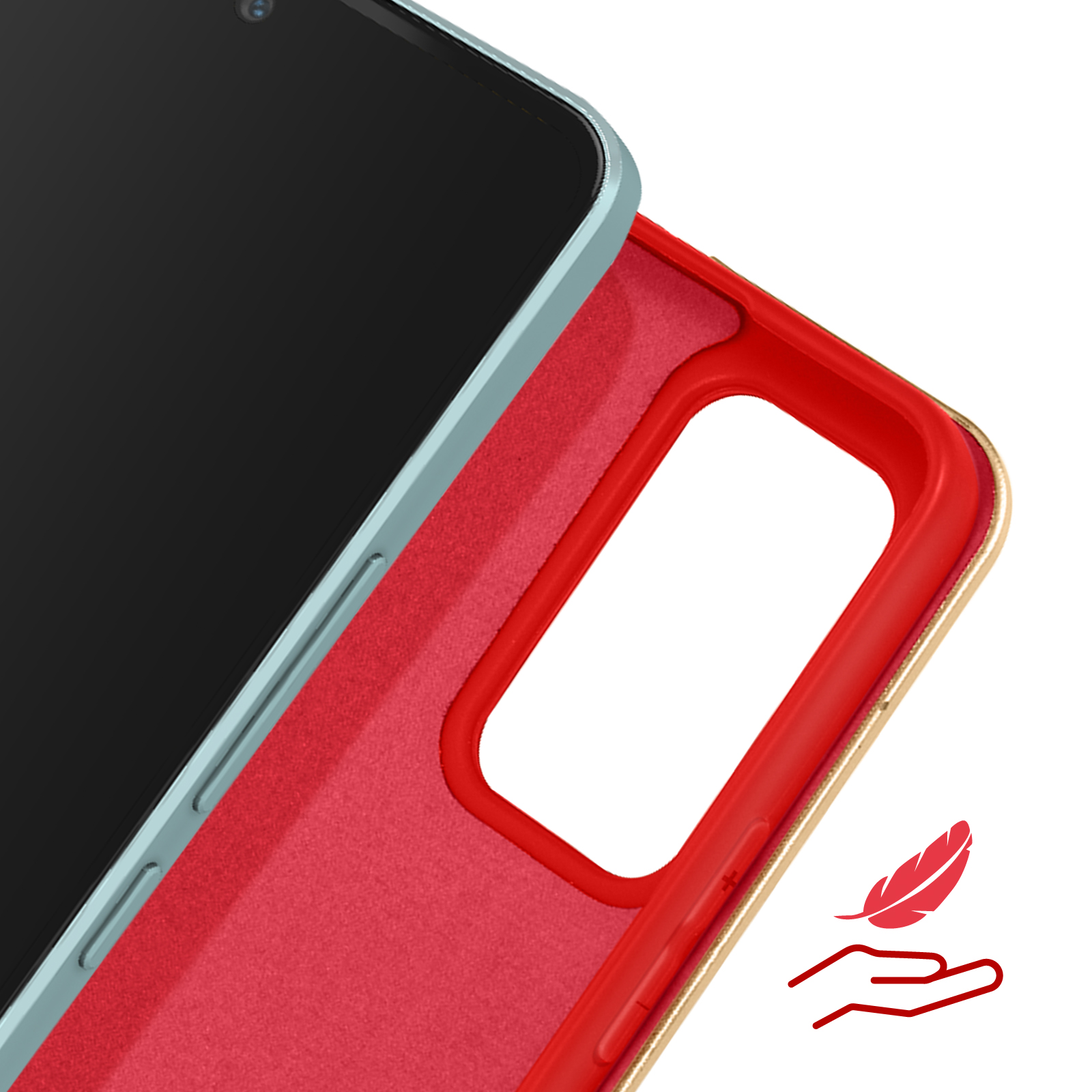 Telefono in custodia rossa, cornice azzurra. L'interno è rosso. Un'icona di piuma con una mano in basso.