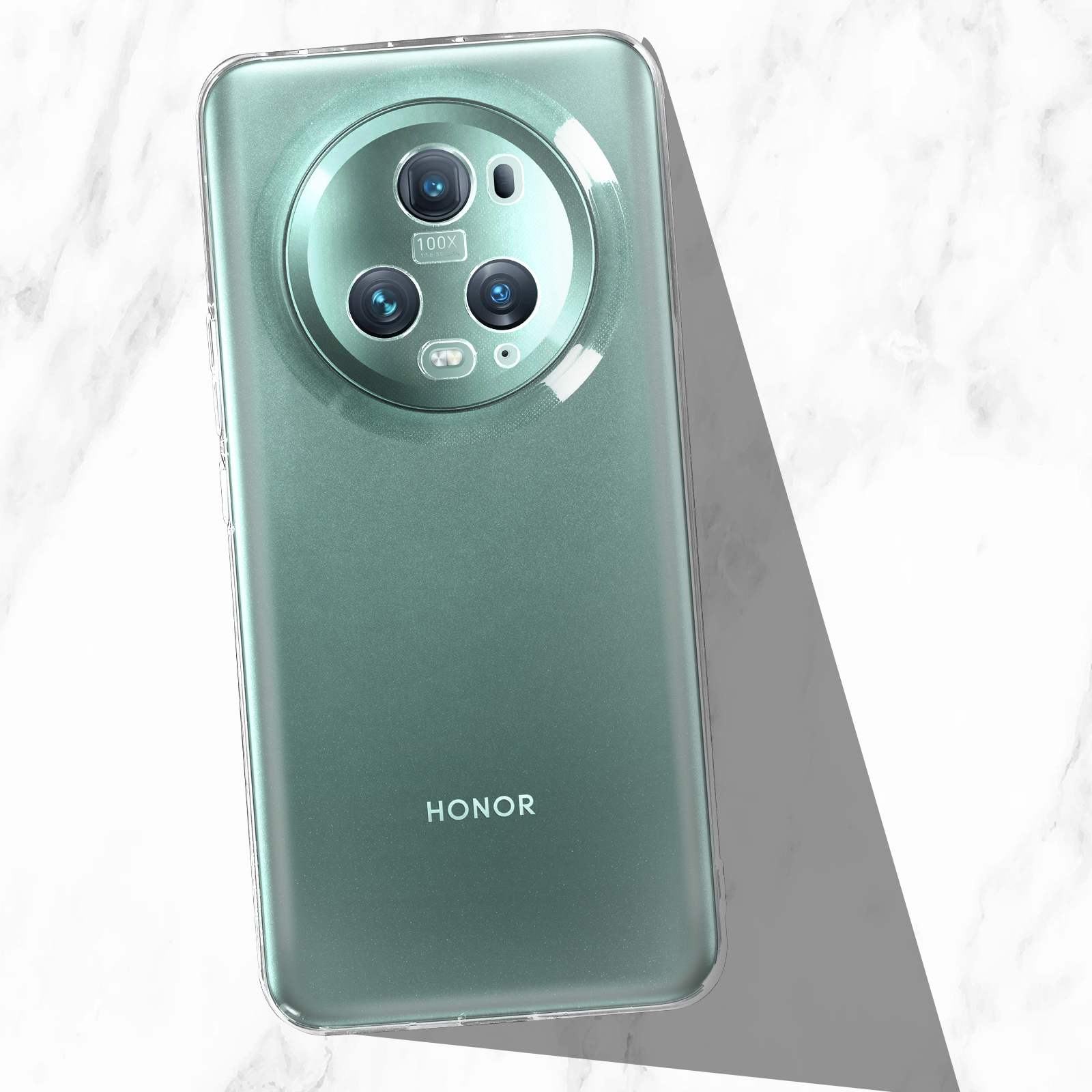 A phone with multiple camera lenses. The background is a marble surface.