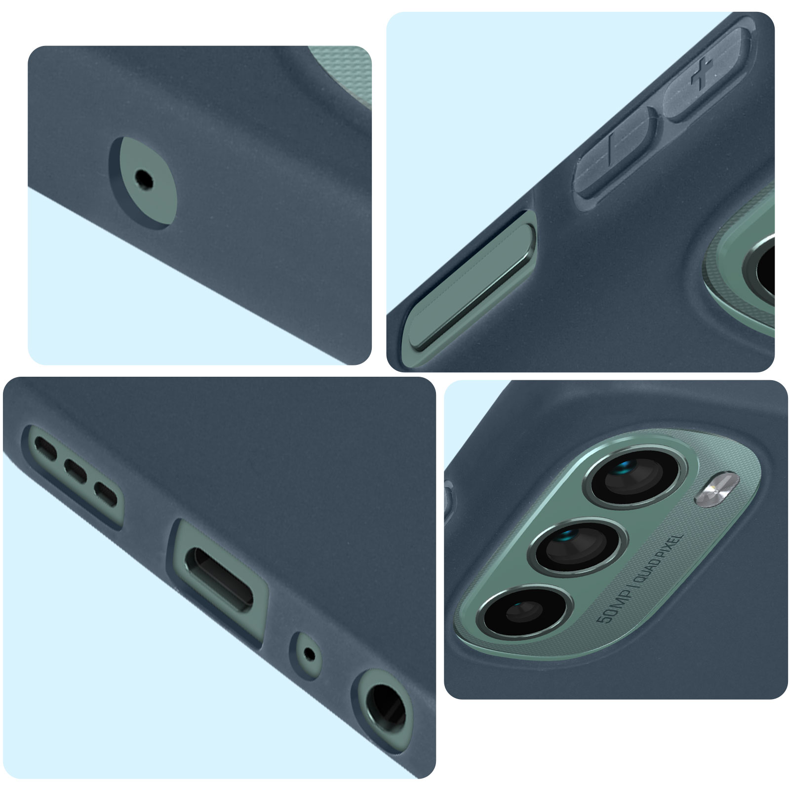 Primo piano di una custodia per telefono blu scuro che mostra pulsanti, fotocamera e porte su sfondo azzurro.