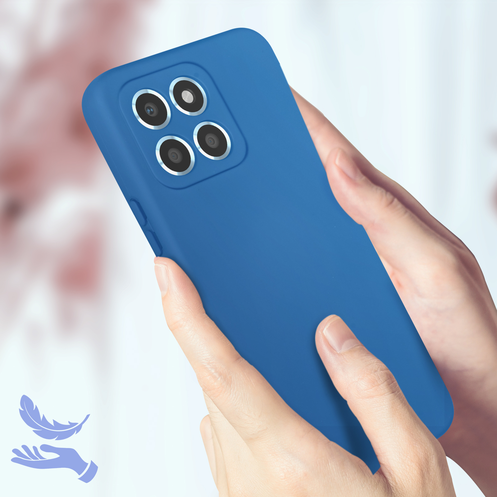 Een blauwe telefoonhoes in twee handen. Een veerpictogram wordt getoond.