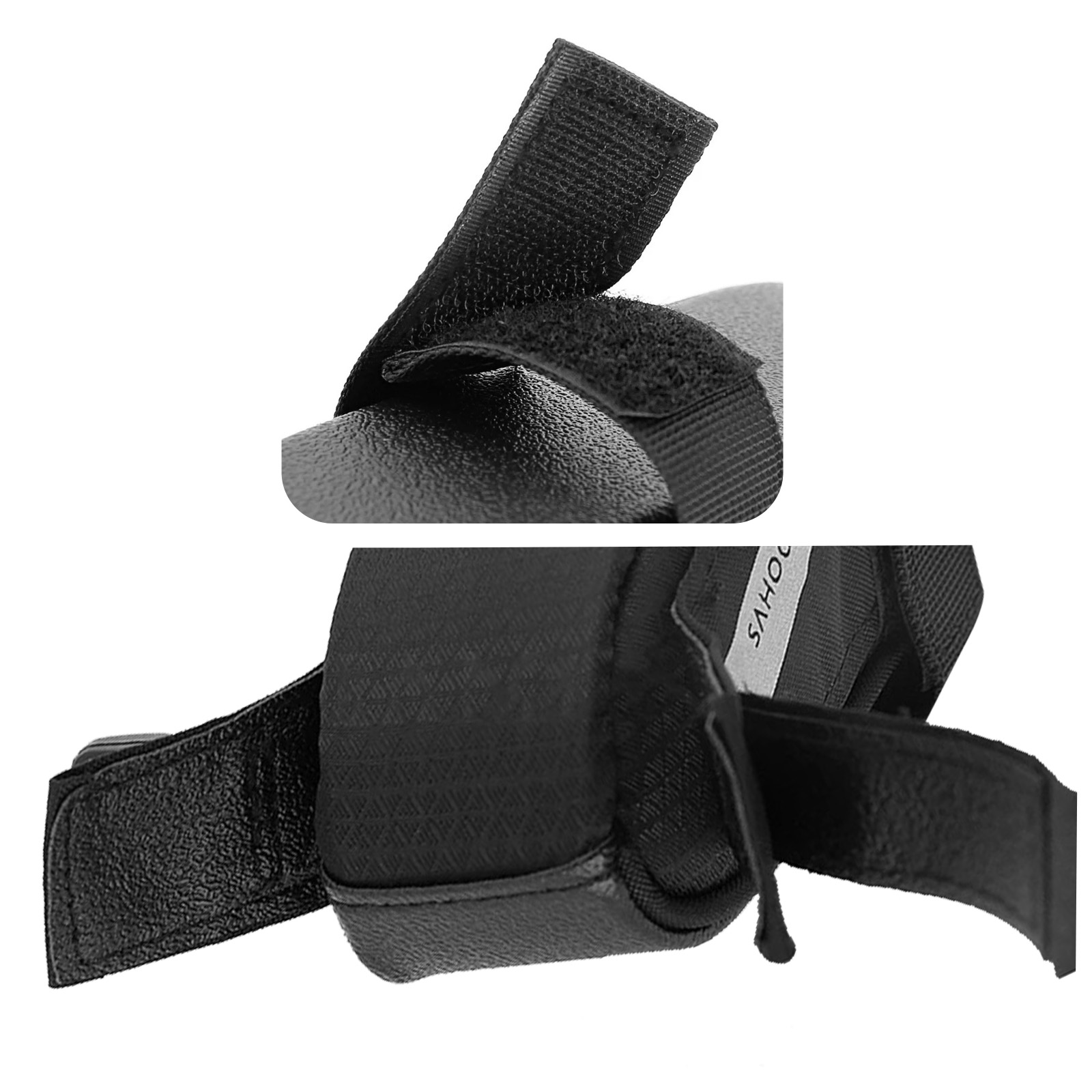 Gros plan sur un sac de vélo avec des sangles attachées. Le sac est noir avec des fermetures velcro.