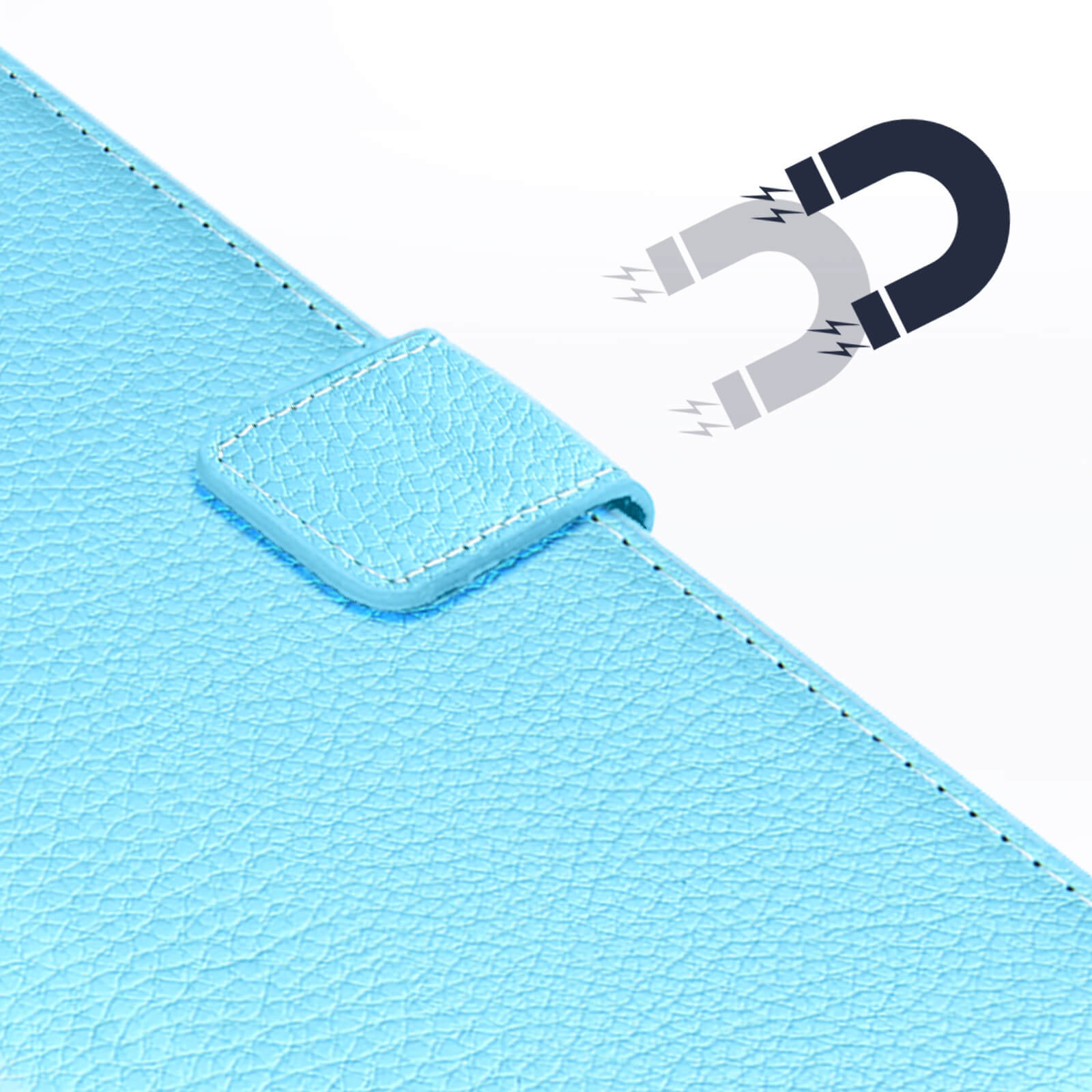 Primer plano de una funda de teléfono de cuero azul con cierre magnético. Un símbolo de imán está al lado.