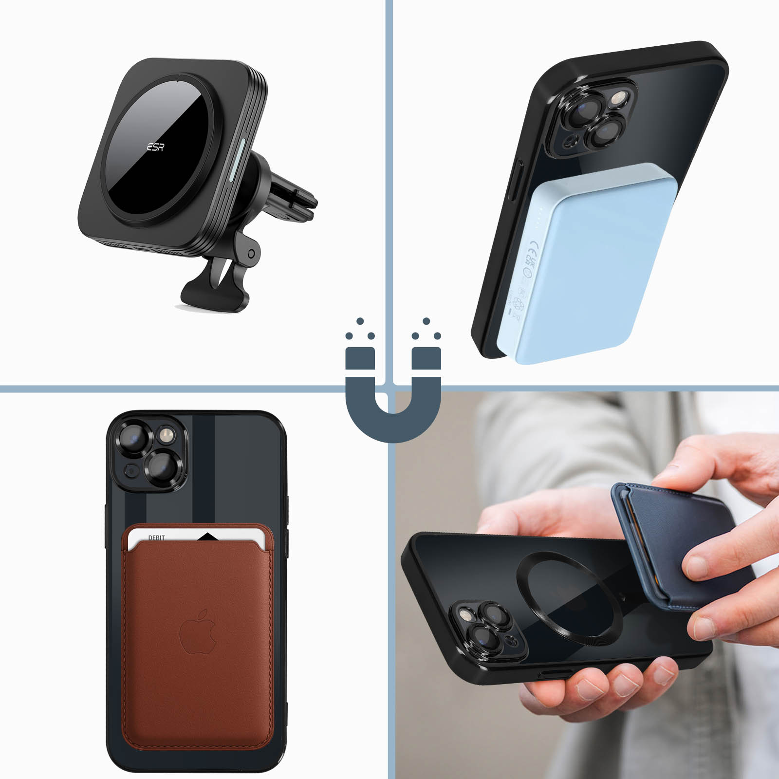 Immagini di accessori per telefoni: supporto per auto, power bank, porta carte. Simboli magnetici.